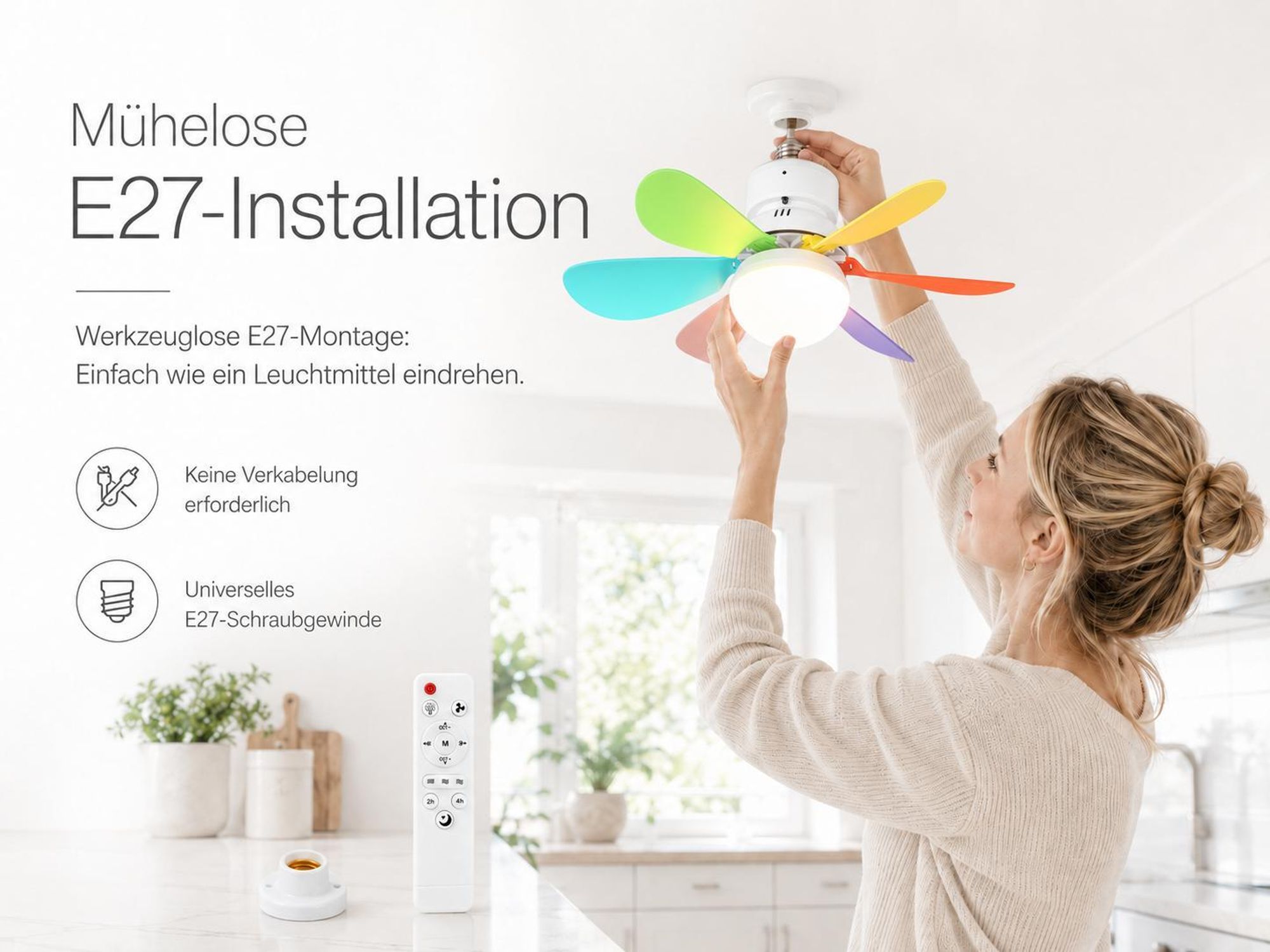 40W 52cm Deckenventilator mit Beleuchtung und Fernbedienung, LED Deckenleuchte mit Ventilator Klein E27 Decken Ventilator Schlafzimmer Küche Esszimmer
