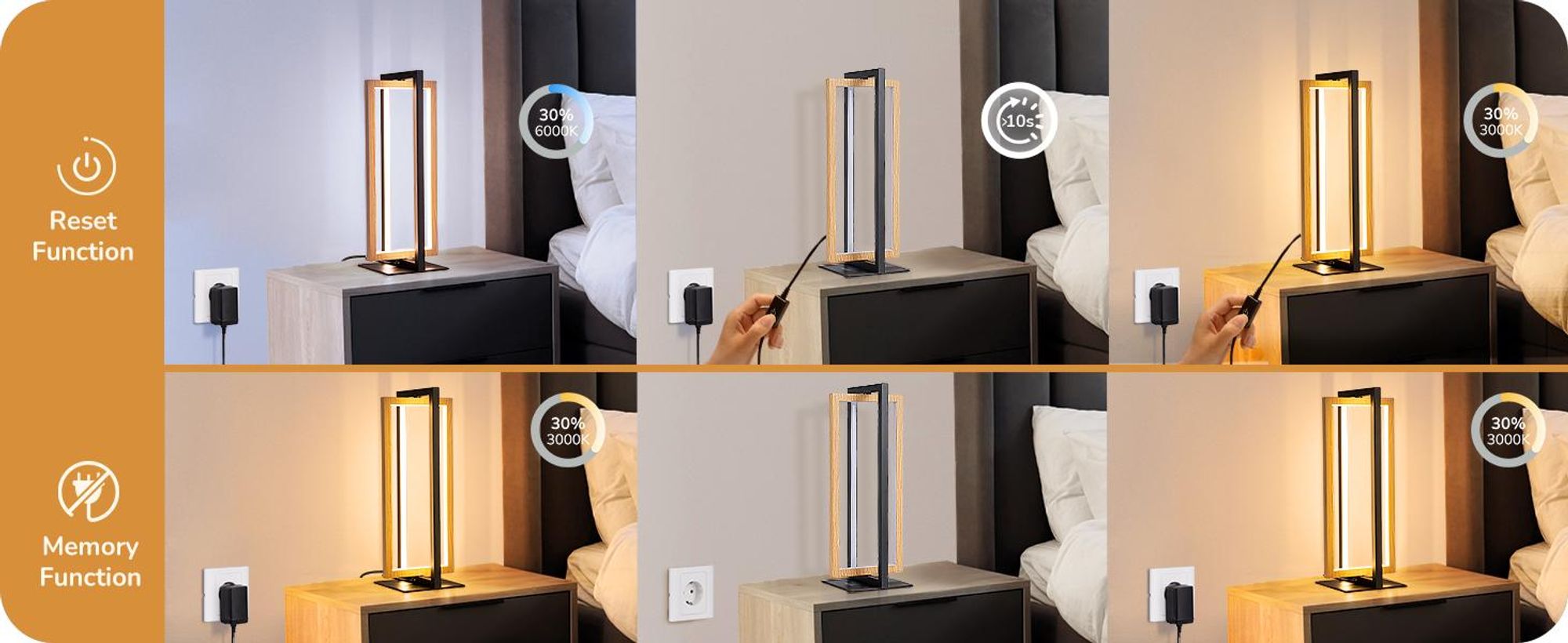 EDISHINE LED Tischlampe Touch Dimmbar, Rotatable Nachttischlampe, Schwarz Holz