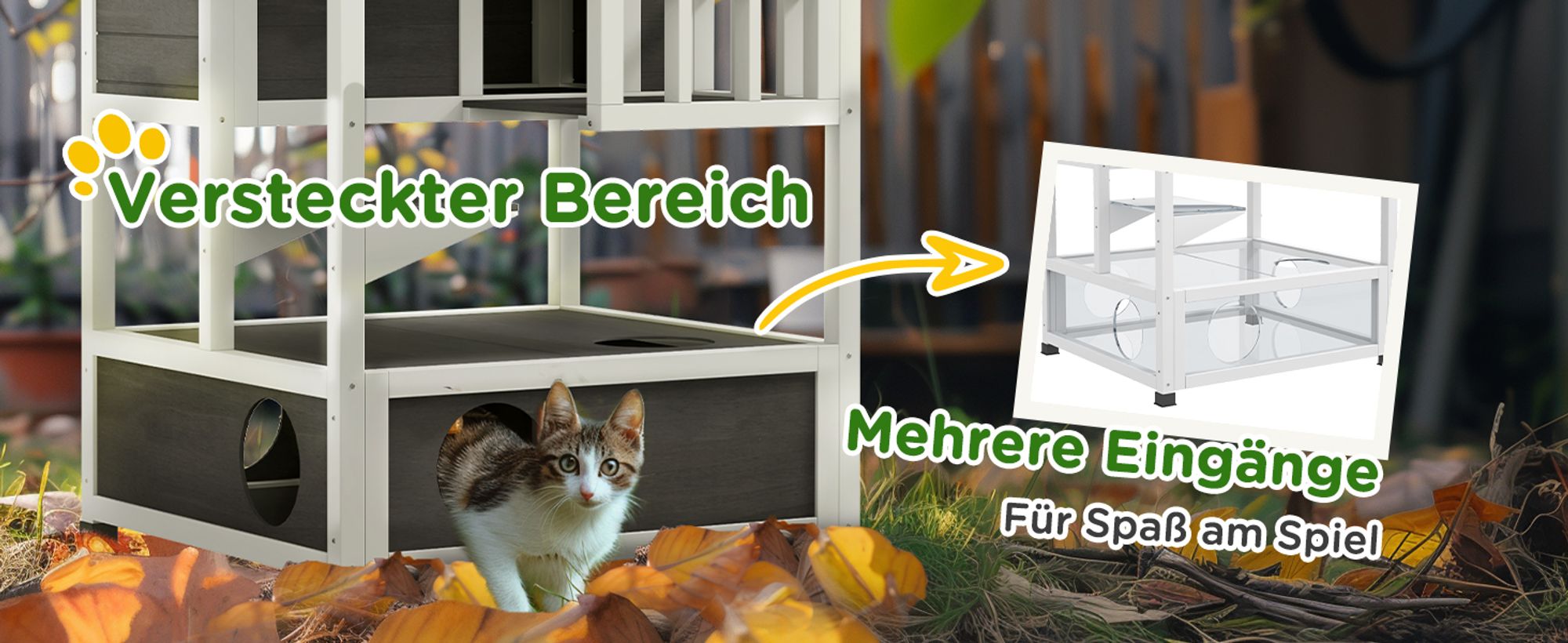 PawHut Katzenhaus,4 Etagen, Katzenvilla,  Katzenhütte für draußen, Tannenholz