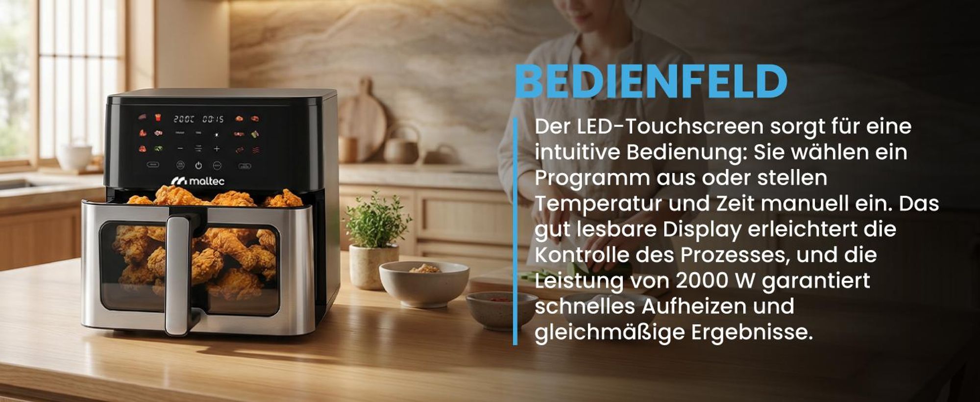 Fritteuse mit 10 Litern Fassungsvermögen, Sichtfenster und 12 Programmen in Schwarz