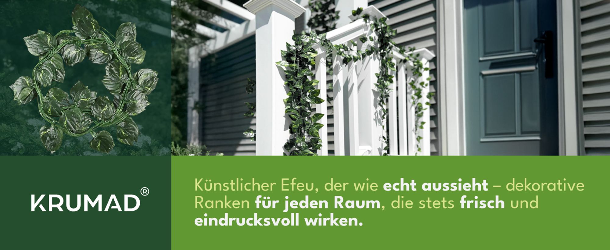 KRUMAD Künstlich Efeu Girlande 12 Stück Set 27 m Kunstpflanze Efeu Girlande für Balkon Garten Wanddeko Deko Wohnzimmer