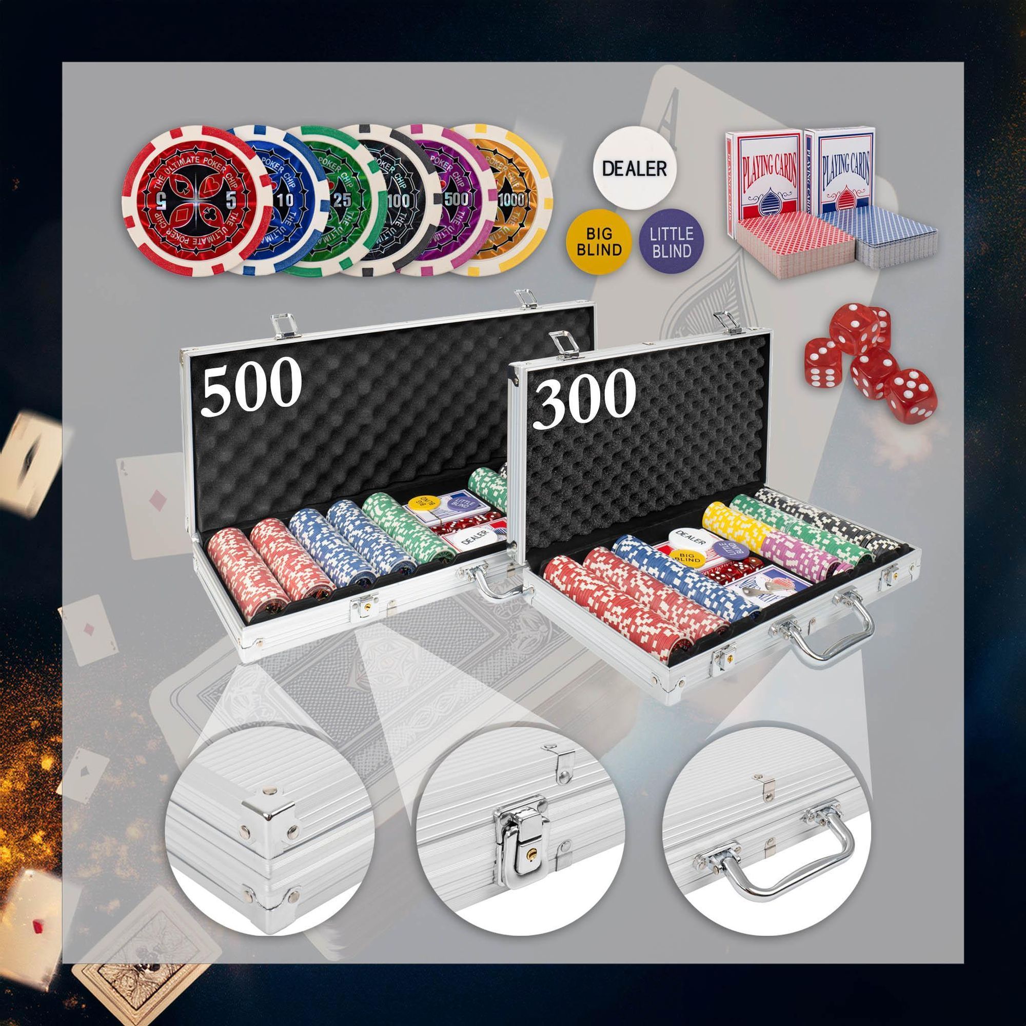 Poker Set Premium 500 Chips 11,5g mit Metallkern – 6 Wertstufen, Aluminium Koffer, 2 Kartendecks & Zubehör