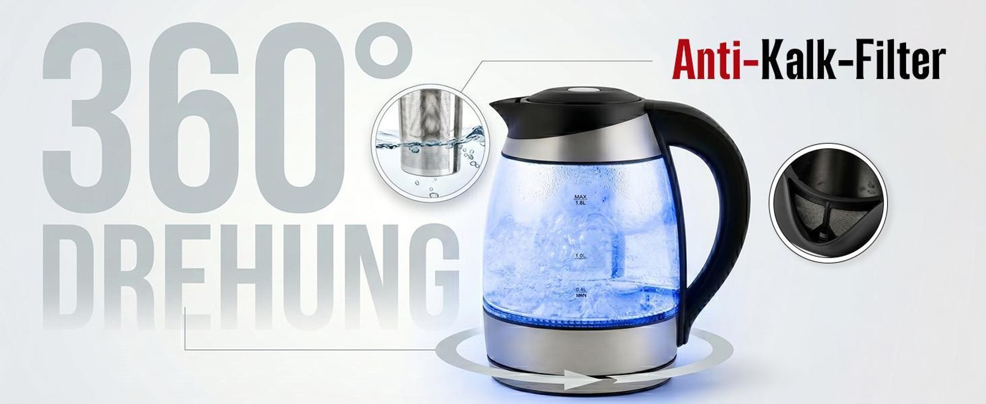 WINLIFE Glaswasserkocher Edelstahl 1,8 Liter Temperatureinstellung Temperaturwahl 60, 70, 80, 90, 100°C Farbwechsel LED| Teekessel Glaswasserkocher mit Warmhaltefunktion