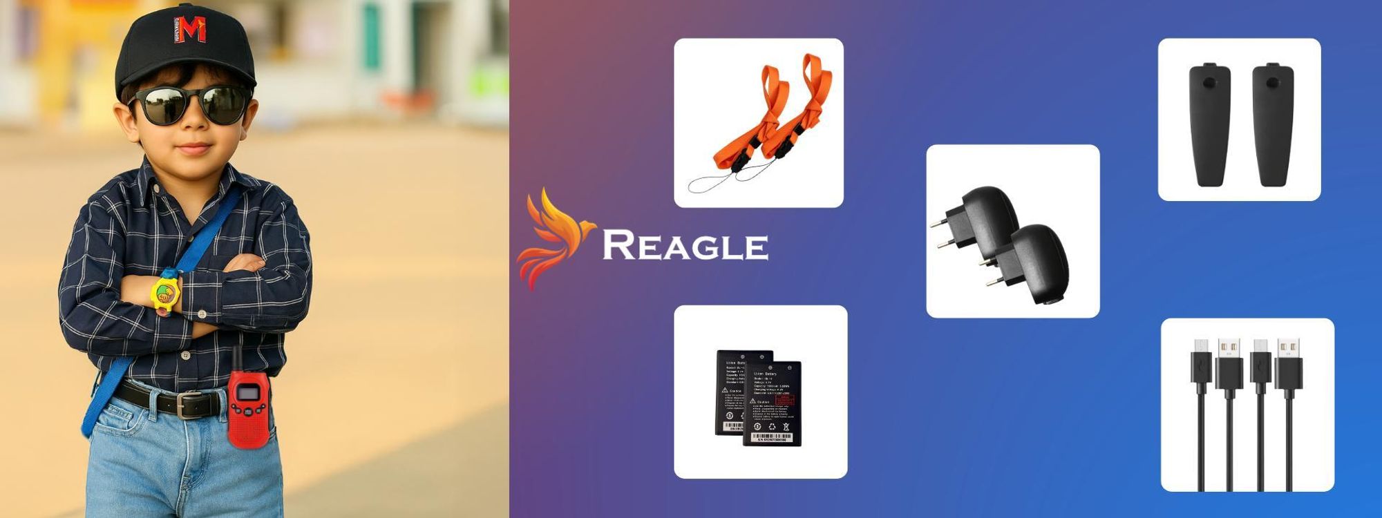 REAGLE Walkie-Talkies für Kinder & Erwachsene, 2 Funkgeräte bis 3 km Reichweite, 1500mAh Akkus, LED-Taschenlampe 8 PMR-Kanäle, ideal für Baustelle, Outdoor Camping, Wandern