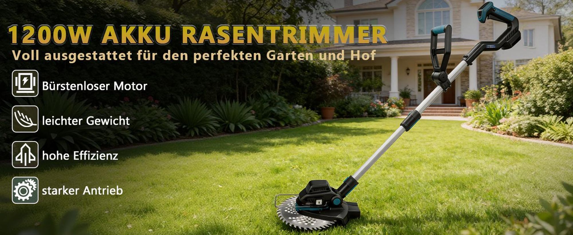 Akku-Rasentrimmer 1200W 16800 RPM Bürstenloser, Freischneider, Motorsense, mit 7 Klingentypen, 90°/100-140cm Einstellbar, für Makita 18V, Akkuanzeige