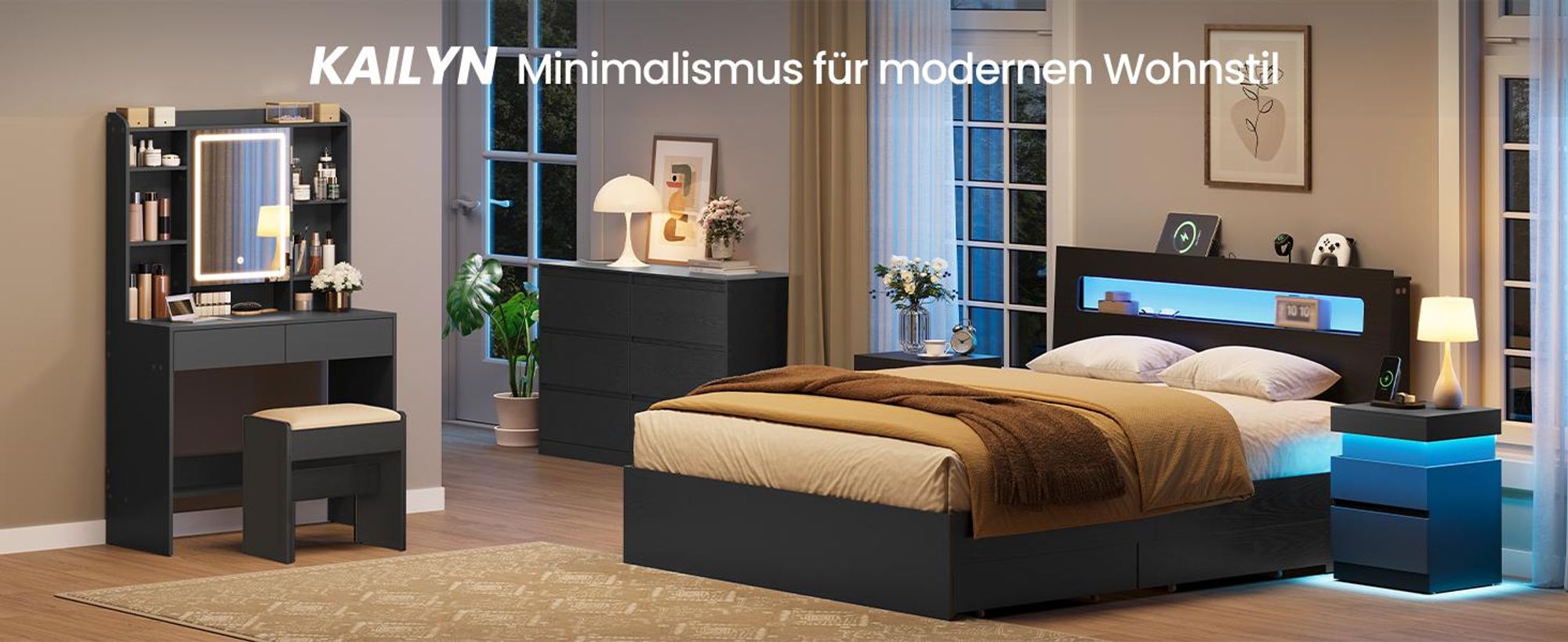 VASAGLE Beistelltisch mit Ladestation, 2er Set, Nachttisch mit Beleuchtung, Steckdosen, Geheimfach, Schubladen, modern, schwarz