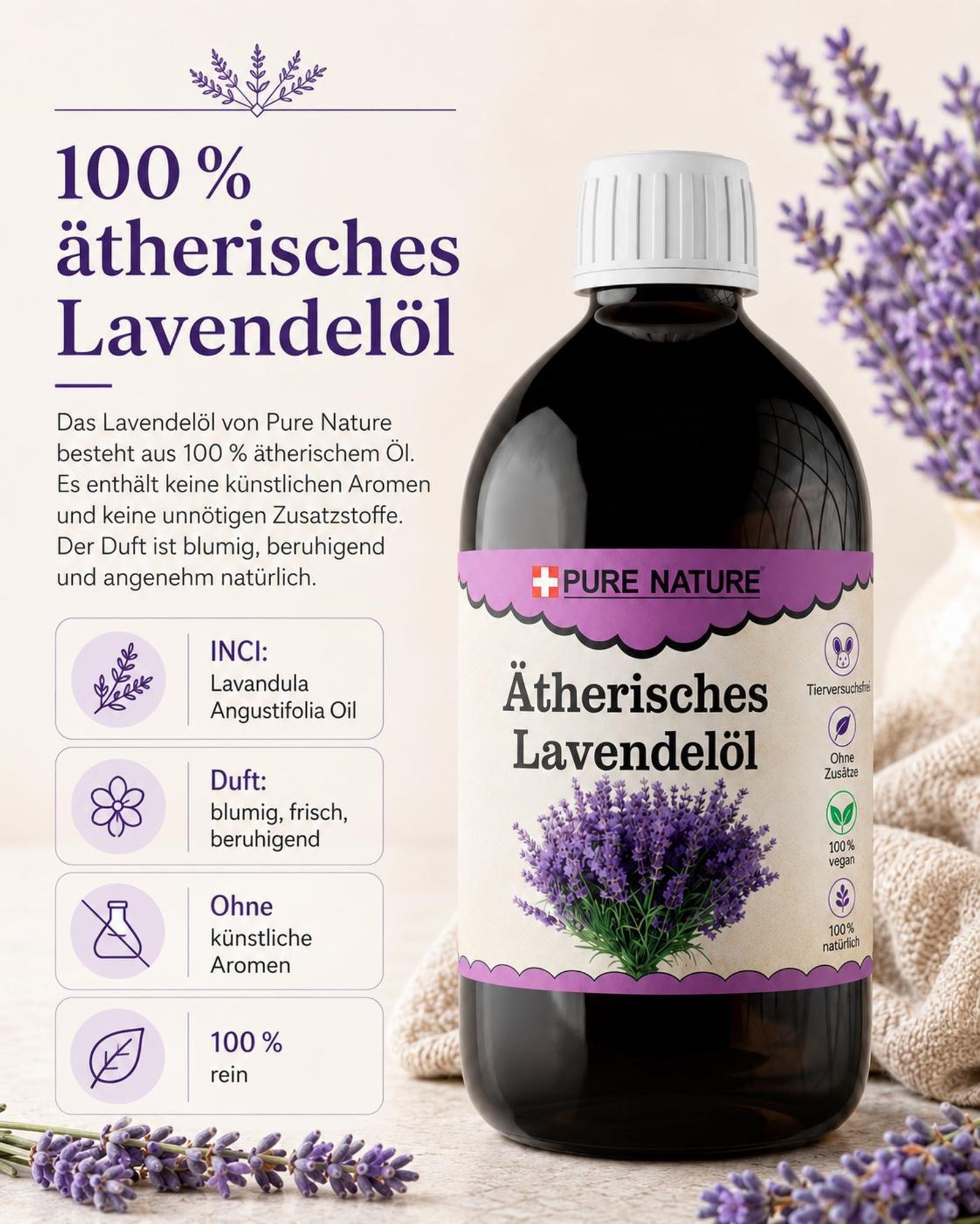 100 % ätherisches Lavendelöl von Pure Nature mit Flasche, Lavendel und Produkteigenschaften.