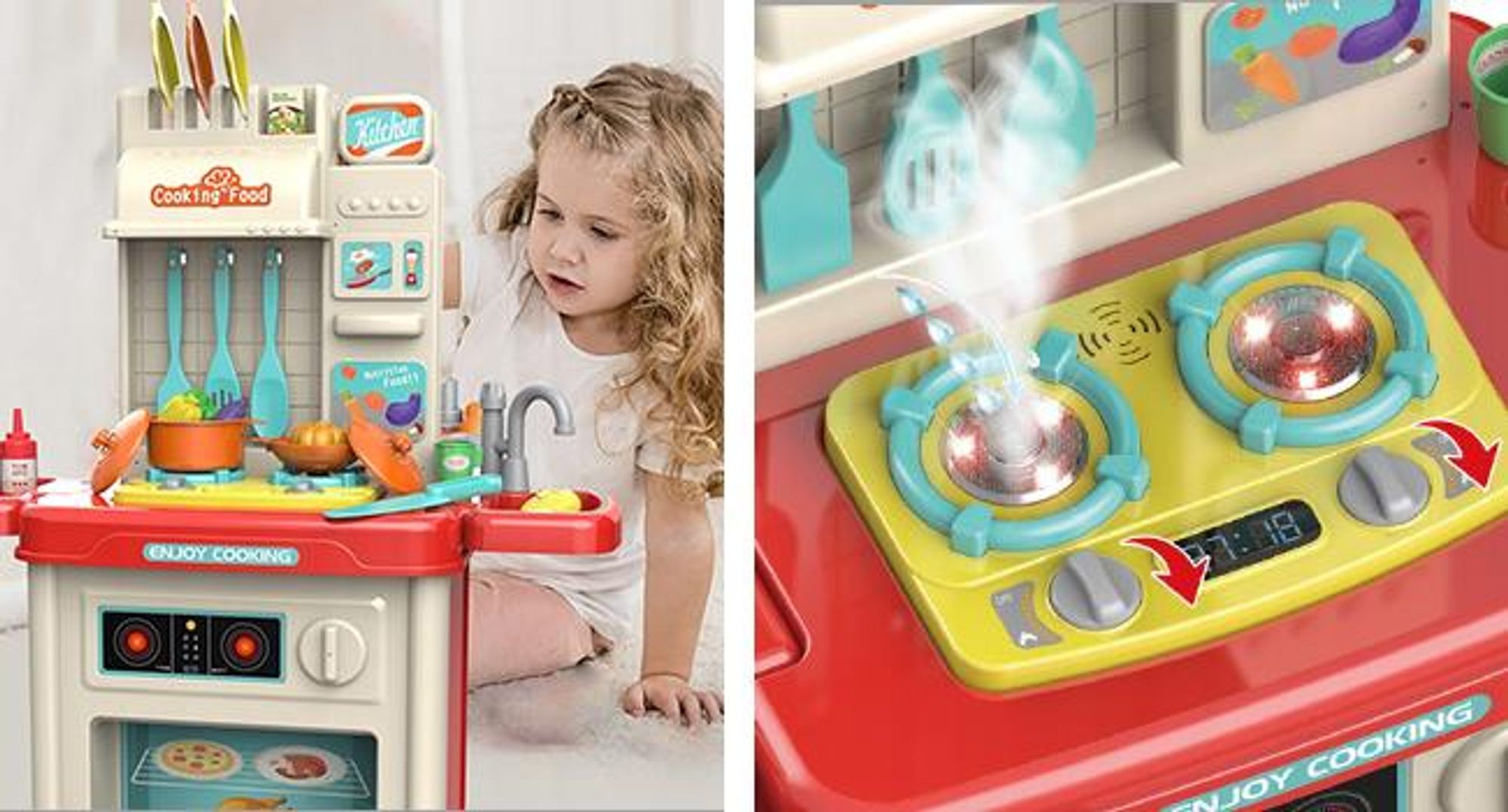 KRUMAD Kinderküche Spielzeug ab 3 Jahre, Spielküche mit Backofen, Herd, Wasserhahn, Sound & Dampfeffekt, 42-teiliges Zubehör Set, Küchenspielzeug für