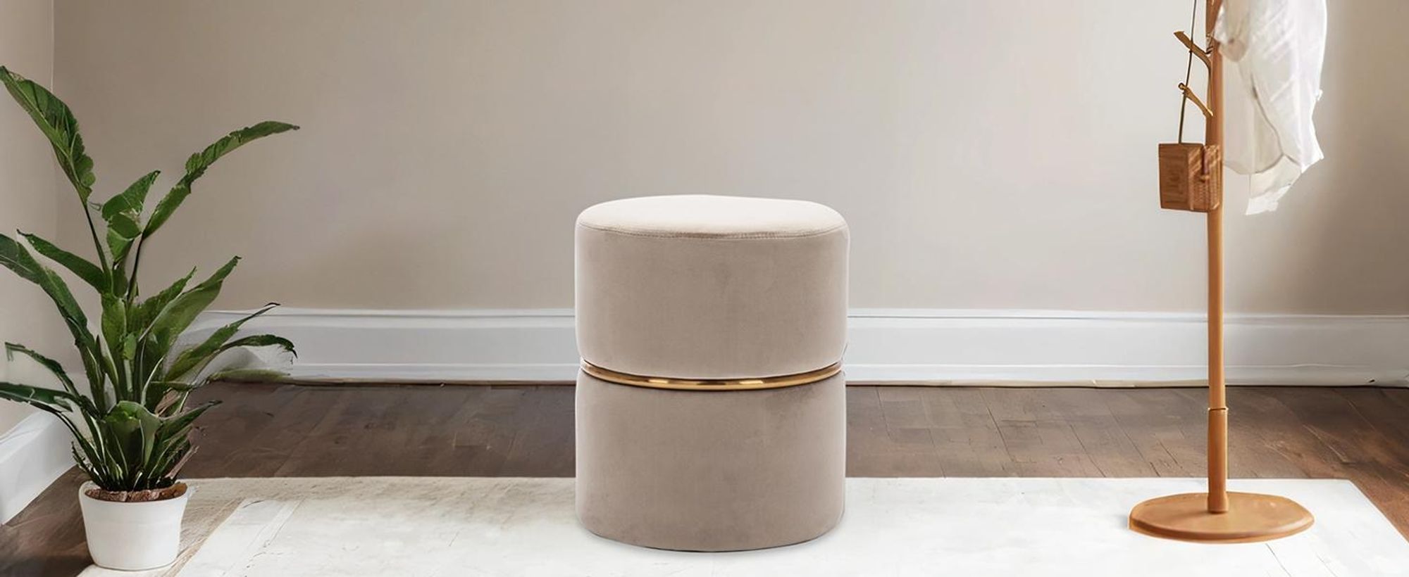 Duhome Samt Sitzhocker Gepolsterter Ottoman Rund Polsterhocker für Schlafzimmer Wohnzimmer Hauseingang Flur, Khaki