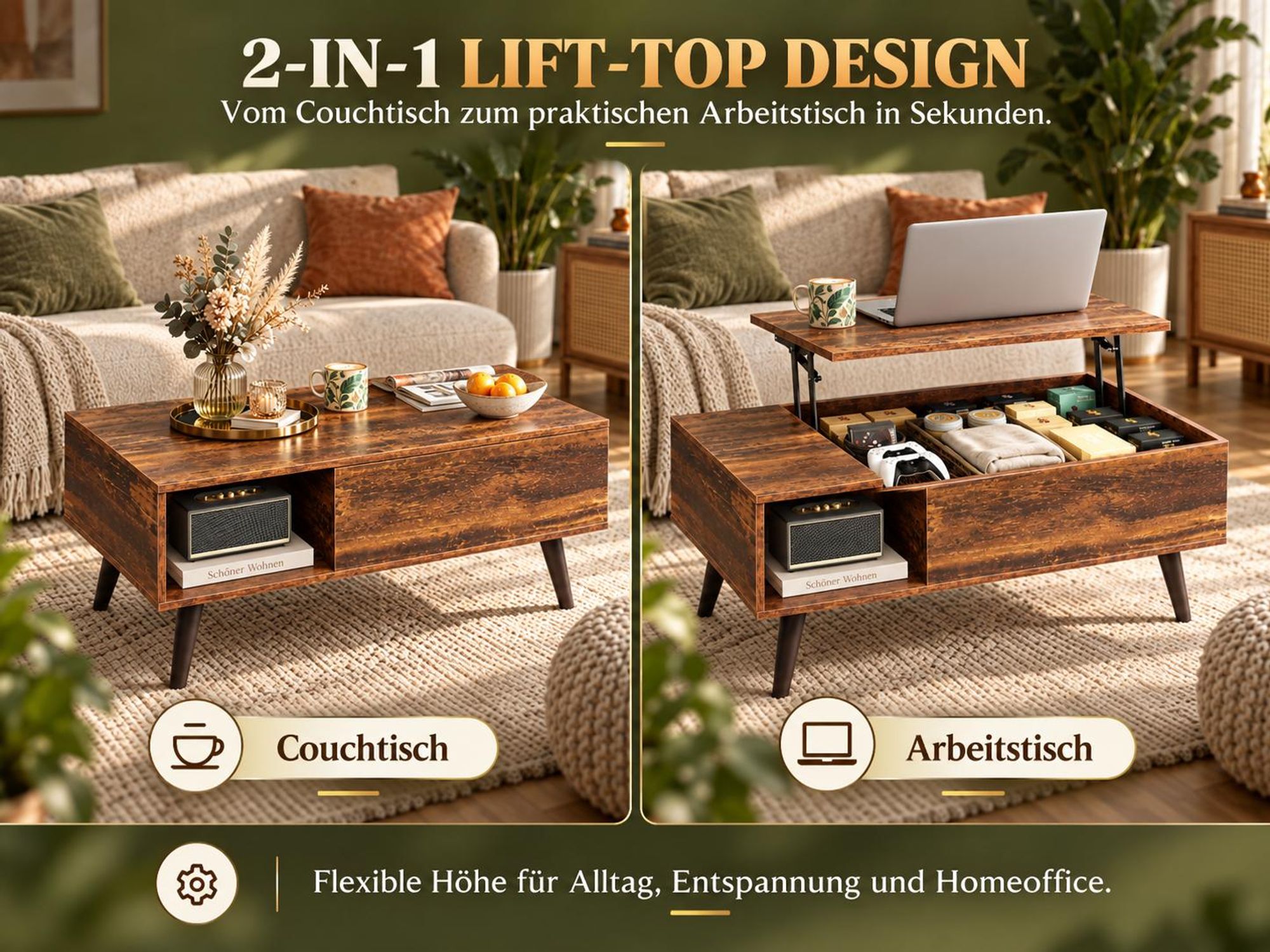 Couchtisch höhenverstellbar mit Stauraum, Lift-Top Wohnzimmertisch 100×50×41-57cm, Holzoptik & Metallrahmen, für Wohnzimmer