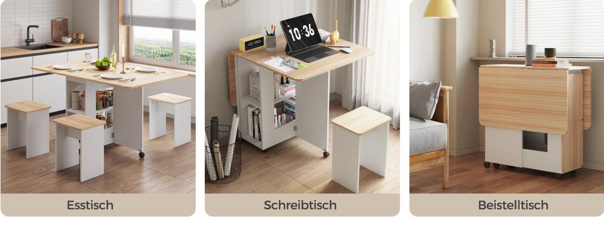 Mondeer 5-teilig Essgruppe Esstisch-Set Esszimmertisch mit Aufbewahrungshockern Weiche Kissen Sitzgruppe Weiß+Roteiche