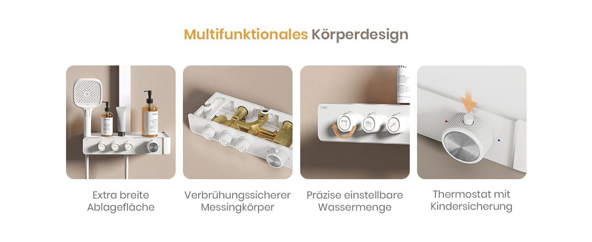 EMKE Duschsystem mit Thermostat Duschsäule Weiß mit 360×240mm Regendusche eckig, Badewannenauslauf, Wassermengenregler & Glasablage F27