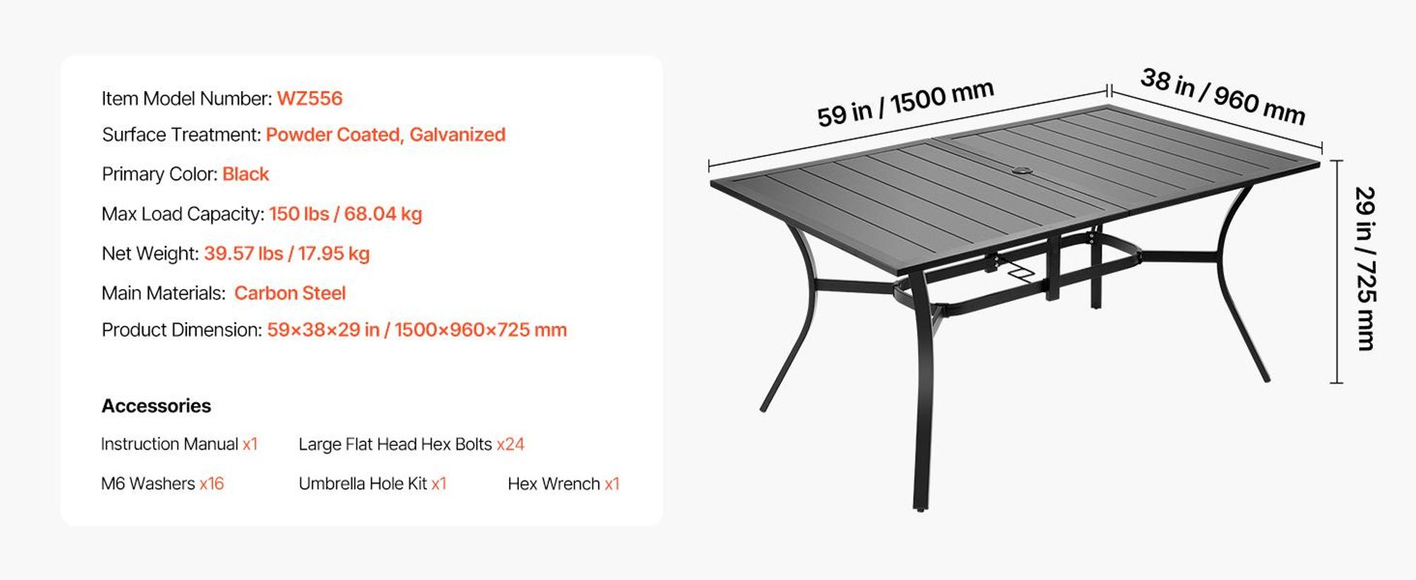 VEVOR Terrassentisch Gartentisch Balkontisch (1500 x 960 x 725 mm) aus Kohlenstoffstahl rechteckier Esstisch für Hof Terrasse Garten Veranda, wasserfest, mit 38 mm Schirmloch, 68 kg Tragkraft Schwarz