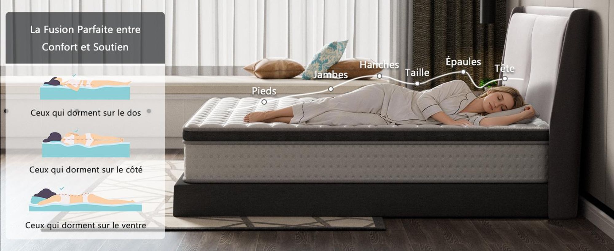 DEWINNER Hybridmatratze 160 x 200 x 25 cm mit Taschenfedern und Memory-Schaum, 7 Komfortzonen, mittlere Härte, -