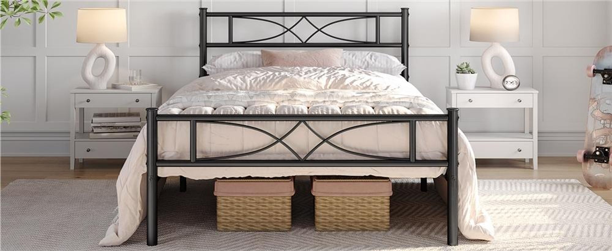 Yaheetech Metallbett Bettgestell 90 x 200 cm, Bettrahmen mit Flügelmuster Kopfteil, Schwarz