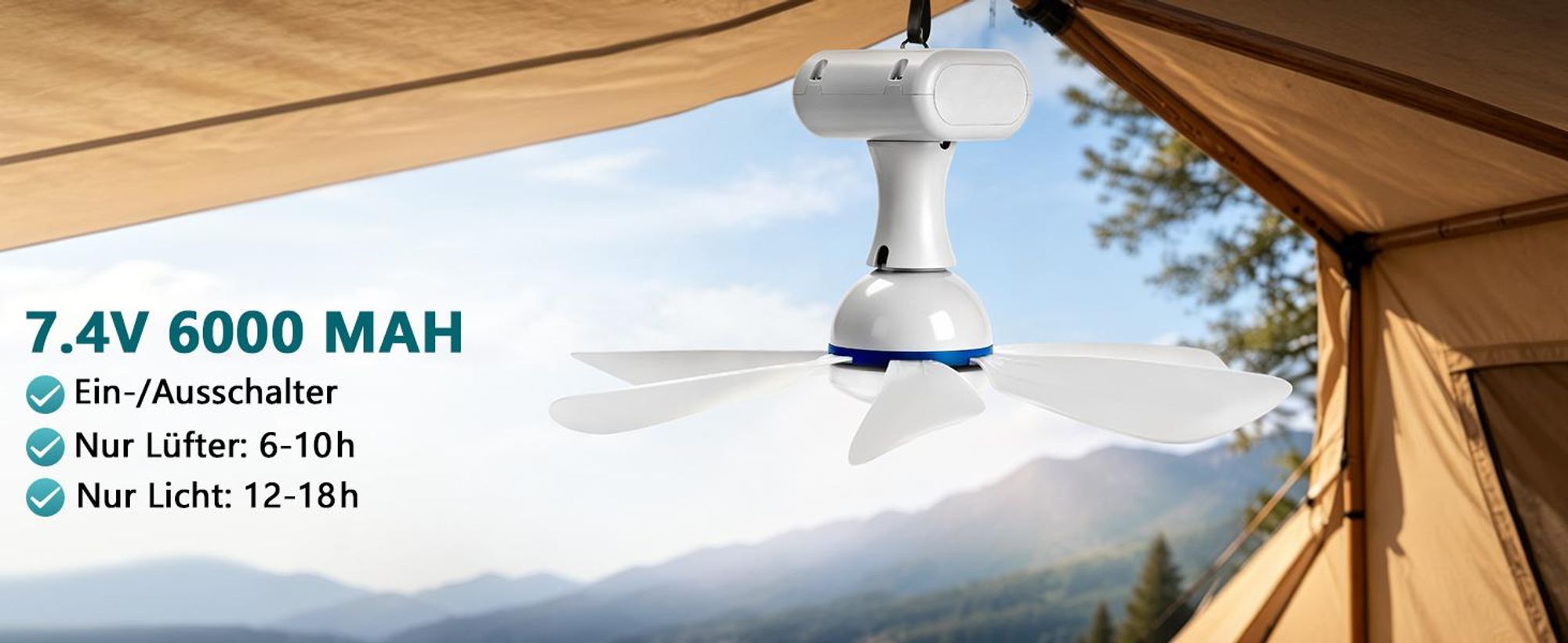 Solar Deckenventilator mit Beleuchtung, 13W Solarpanel & 6000mAh Akku, 3 Stufen Camping Ventilator mit Timer FB für Outdoor, Pavillon, Gewächshäuser
