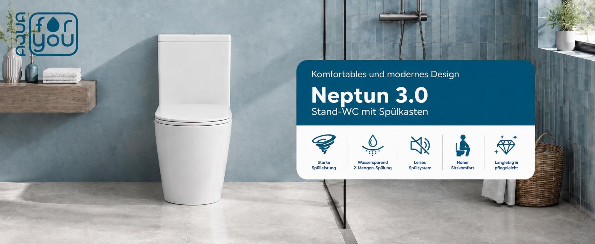 AQUA for you | Stand-WC - Lavita Neptun 3.0 - Rimless-WC - 60,5x38x80 cm - Universalablauf - Weiß - mit Softclose-Sitz, Wirbelspülung, Toilette