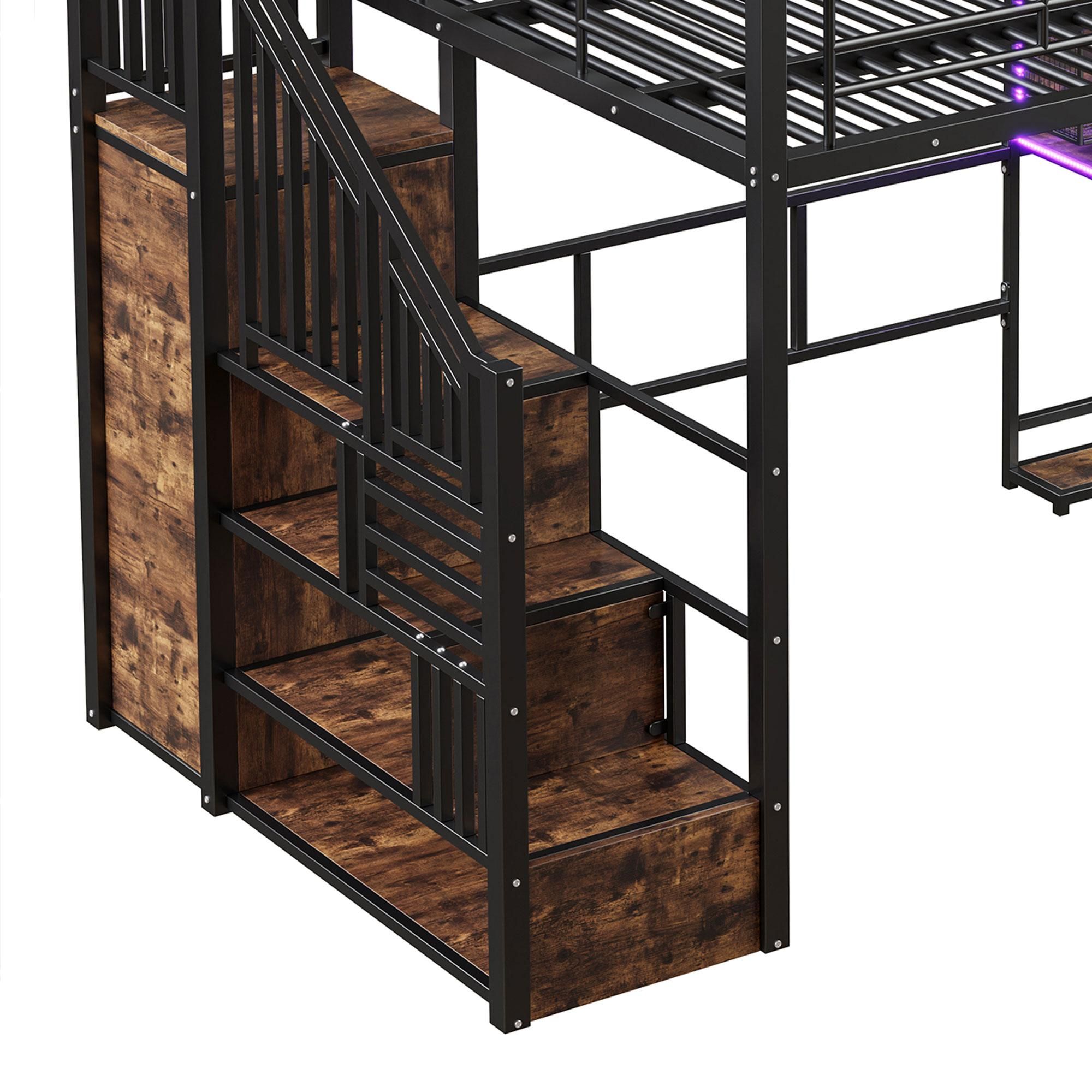 Merax Etagenbett Hochbett 140x200 cm, mit LED, Schreibtisch, Kleiderschrank, Ablageleiter, Regale, Metall Stockbett, Kinderbett, Schwarz