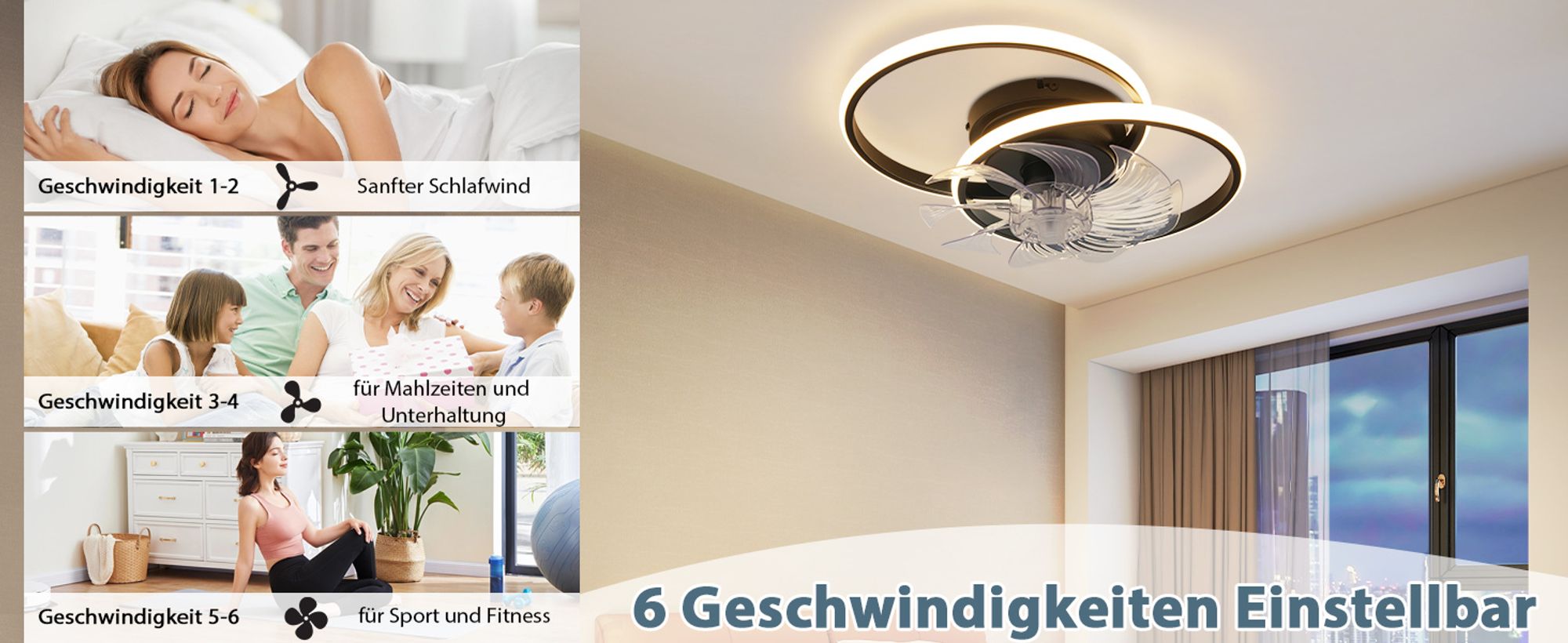 ZMH LED Deckenventilator Mit Beleuchtung 36W Schwarz Leise Deckenlampe Mit Ventilator Und Fernbedienung 3 Farbtemperatur 6-Gang Wohnzimmer Deckenventilatoren Mit Licht für Schlafzimmer Küche