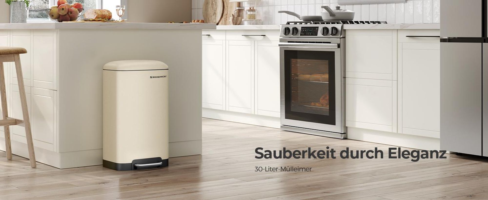 SONGMICS Mülleimer, 30 Liter Abfalleimer, Treteimer aus Stahl, mit Inneneimer und Deckel, Softclose, luftdicht, für die Küche, cremeweiß LTB001A01