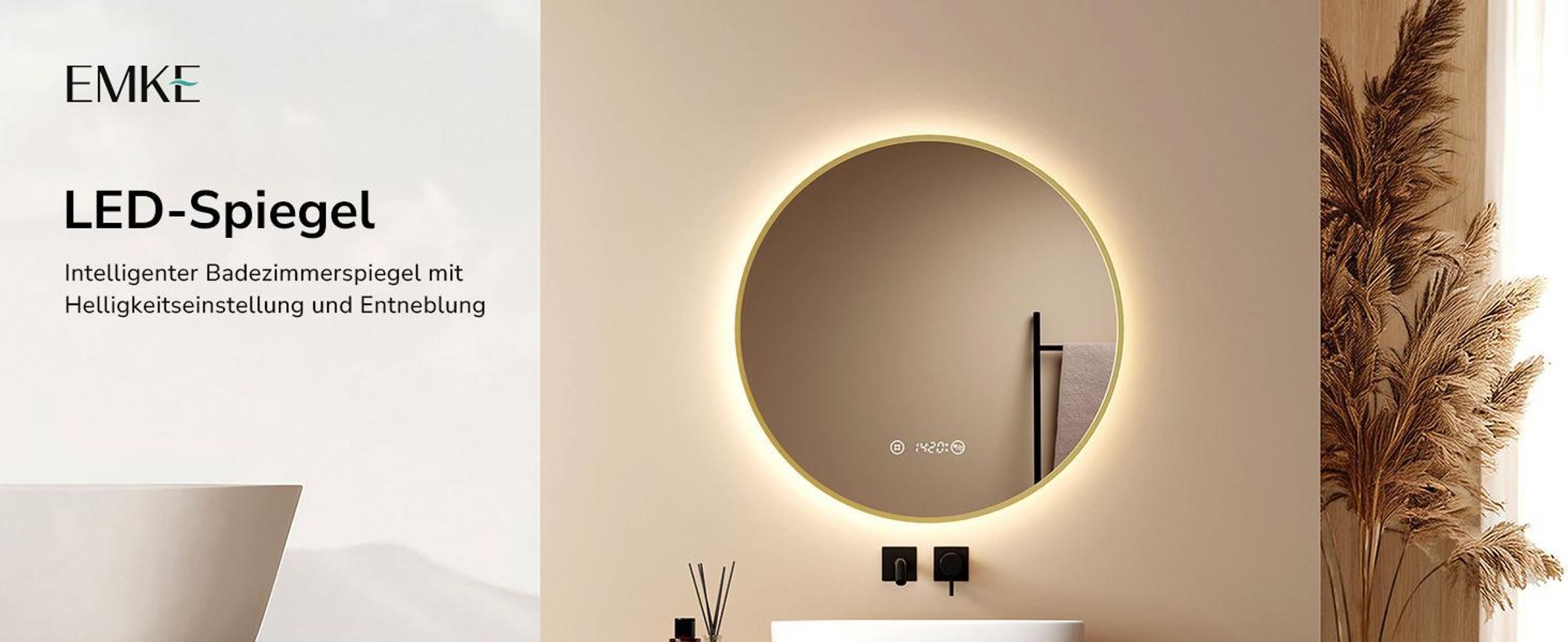 EMKE Badspiegel Rund LED Spiegel mit Beleuchtun ф80cm Gebürstetem Goldrahmen Rund Badezimmerspiegel mit Beschlagfrei, Uhr, Temperatur, Dimmbar, Memory-Funktion - Neutrale Lichts 4300K