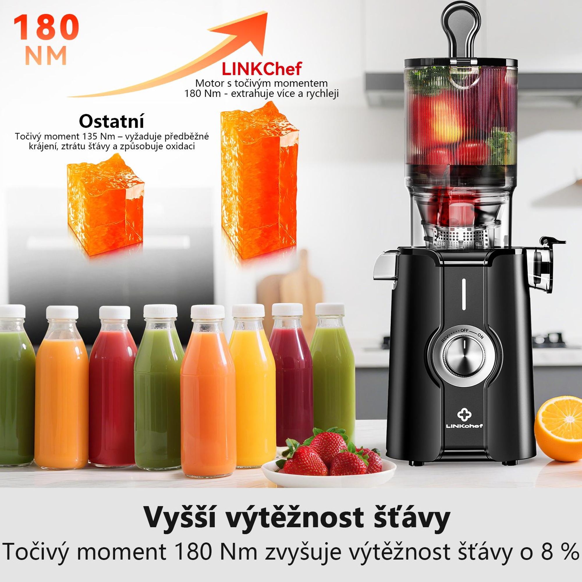LINKChef SJ-051-EU-BL Pomalý odšťavňovač -  CE 200W Výkon 1.2L Velká kapacita Dva plnicí zásobníky Snadné čištění - černá