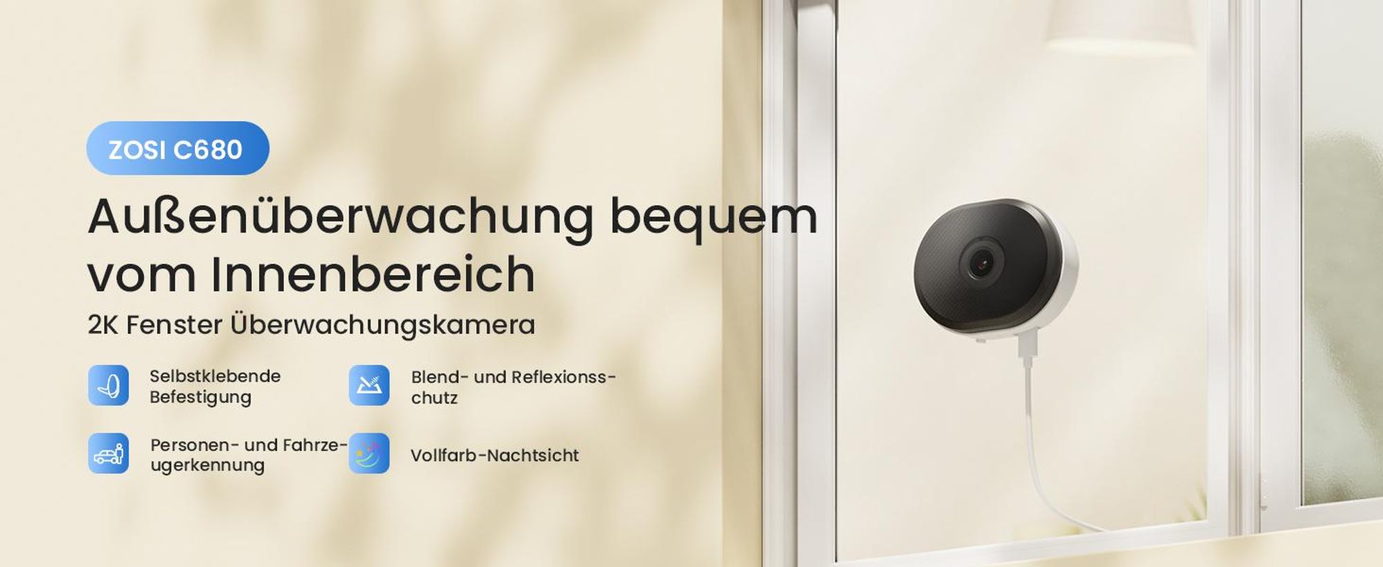 ZOSI C680 2K Fenster Überwachungskamera mit Vollfarb-Nachtsicht, 3MP 2,4/5 GHz WLAN Innenkamera mit KI-Erkennung, Cloud/Karte-Speicher, Plug-in Strom