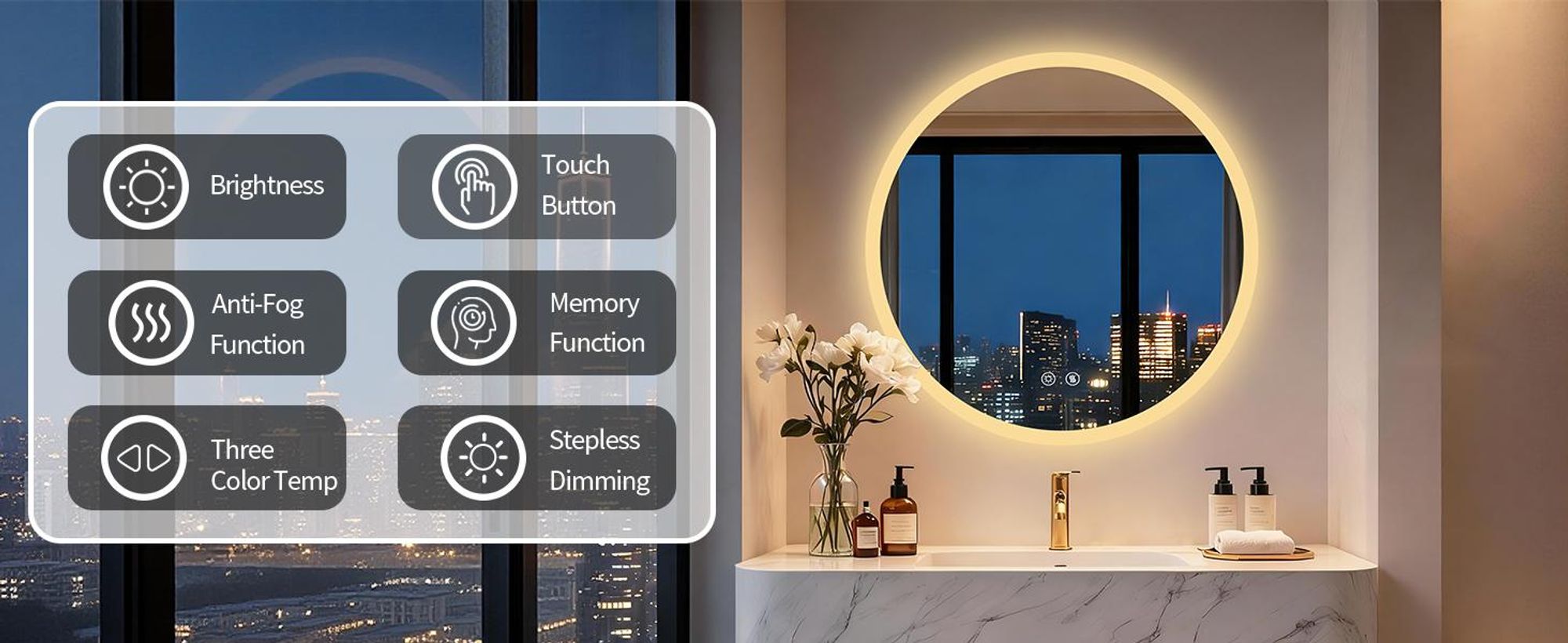 WISFOR LED Badspiegel 80 cm rund, Badezimmerspiegel mit Beleuchtung, Wandspiegel mit Speicherfunktion, Beschlagfrei, IP66, 3 Lichtfarben