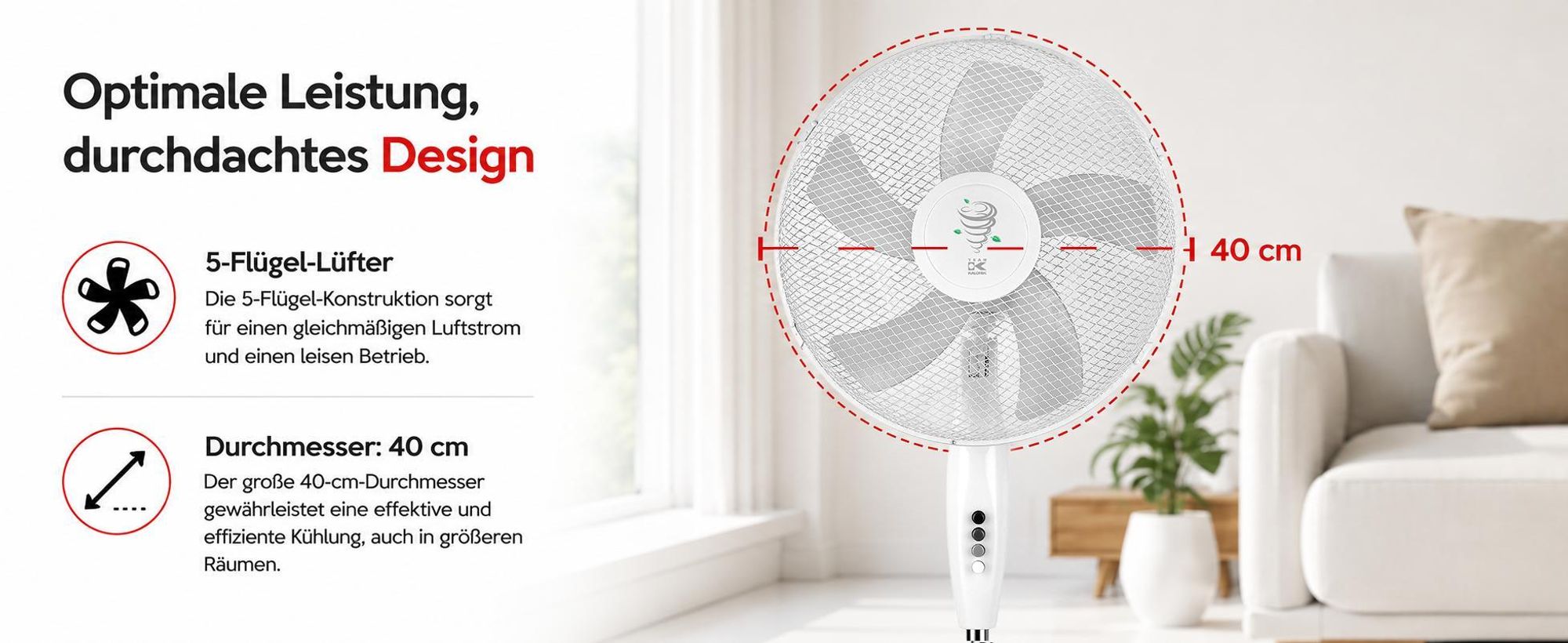 Standventilator KALORIK VT1081 40 cm 45 W  5-Flügel  Oszillation  Höhenverstellbar Weiß