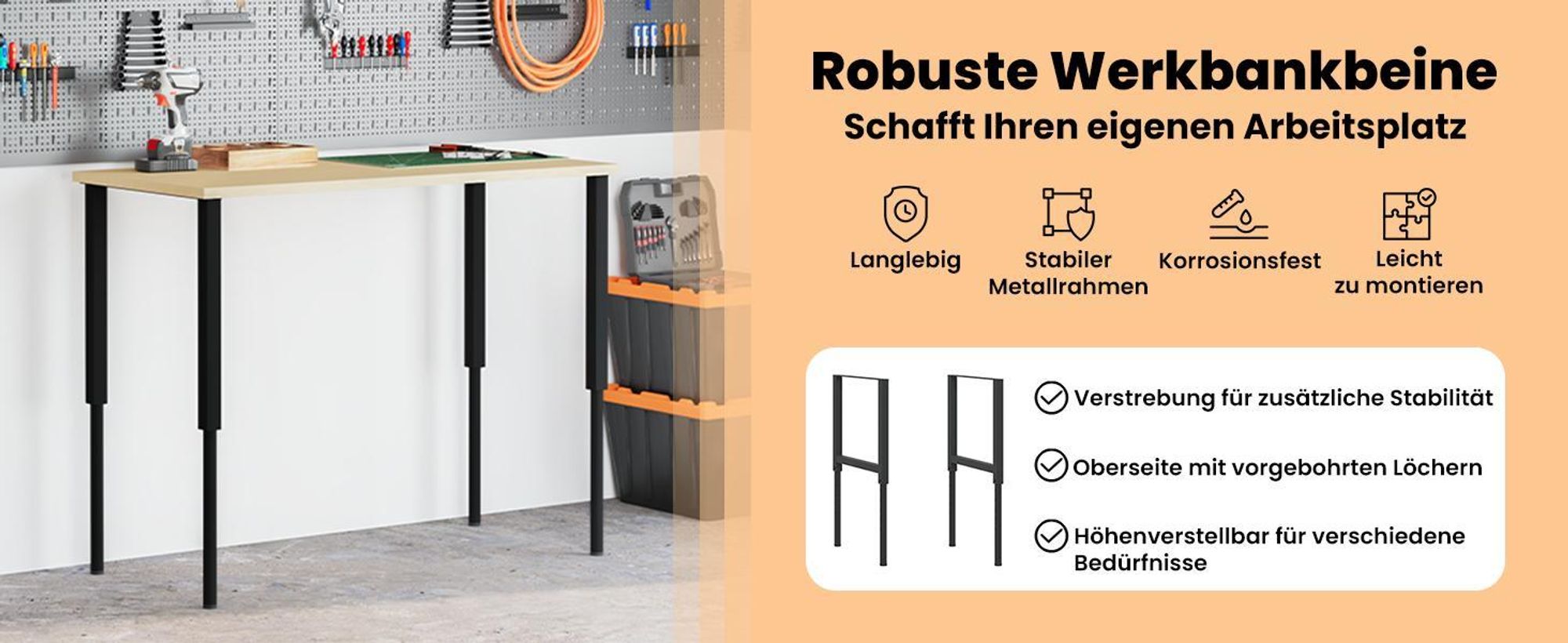 vidaXL Werkbankgestell Verstellbar 2 Stk. Metall 55x(69-95,5) cm