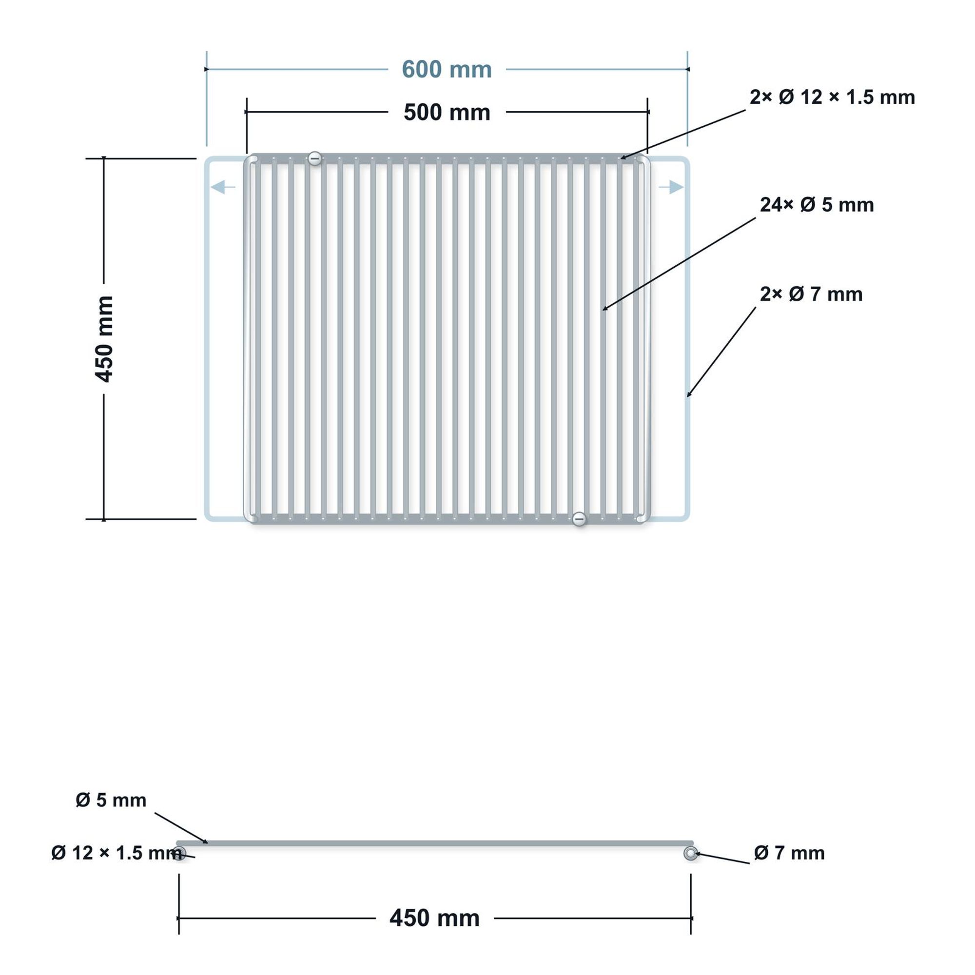 Griglia regolabile in acciaio inox 50–60 × 45 cm senza manici – disegno tecnico