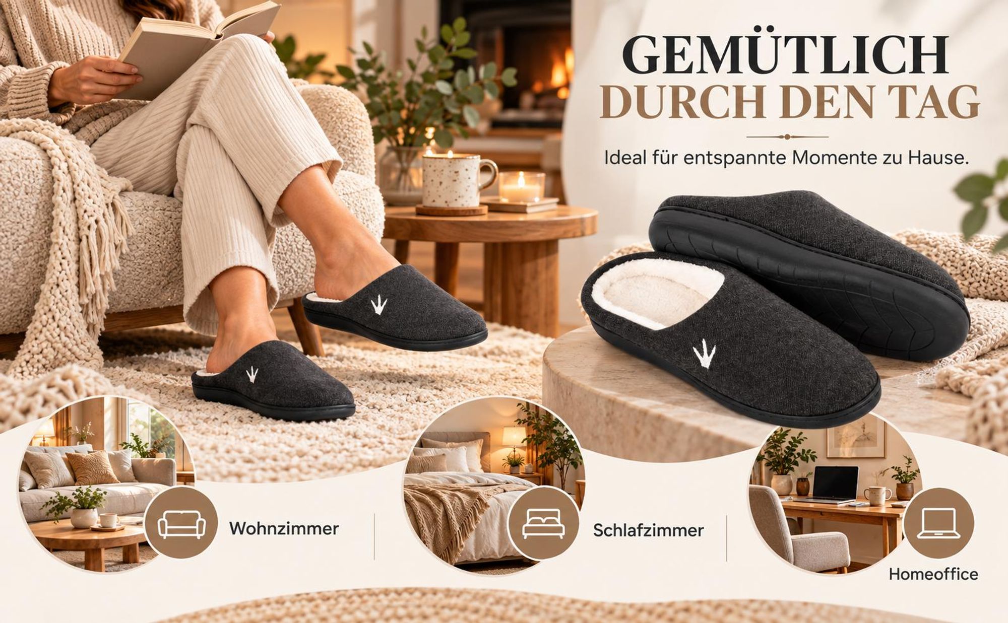 Hausschuhe HEYO Damen Herren Warme Pantoffeln rutschfeste Sohle Gefütterte Winter Pantoletten Memory Foam Schwarz 38/39