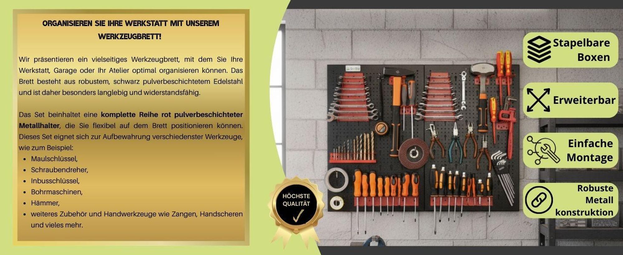 botle® Werkzeugwand Lochwand aus Metall, Stapelboxen + Wandregal + Werkzeughalter 114-tlg Set, Kleinteilelager, Wandwerkstatt mit 60 stapelbaren in 3 Farbe Behältern auch mit Deckeln, Hängeregal Sortierregal