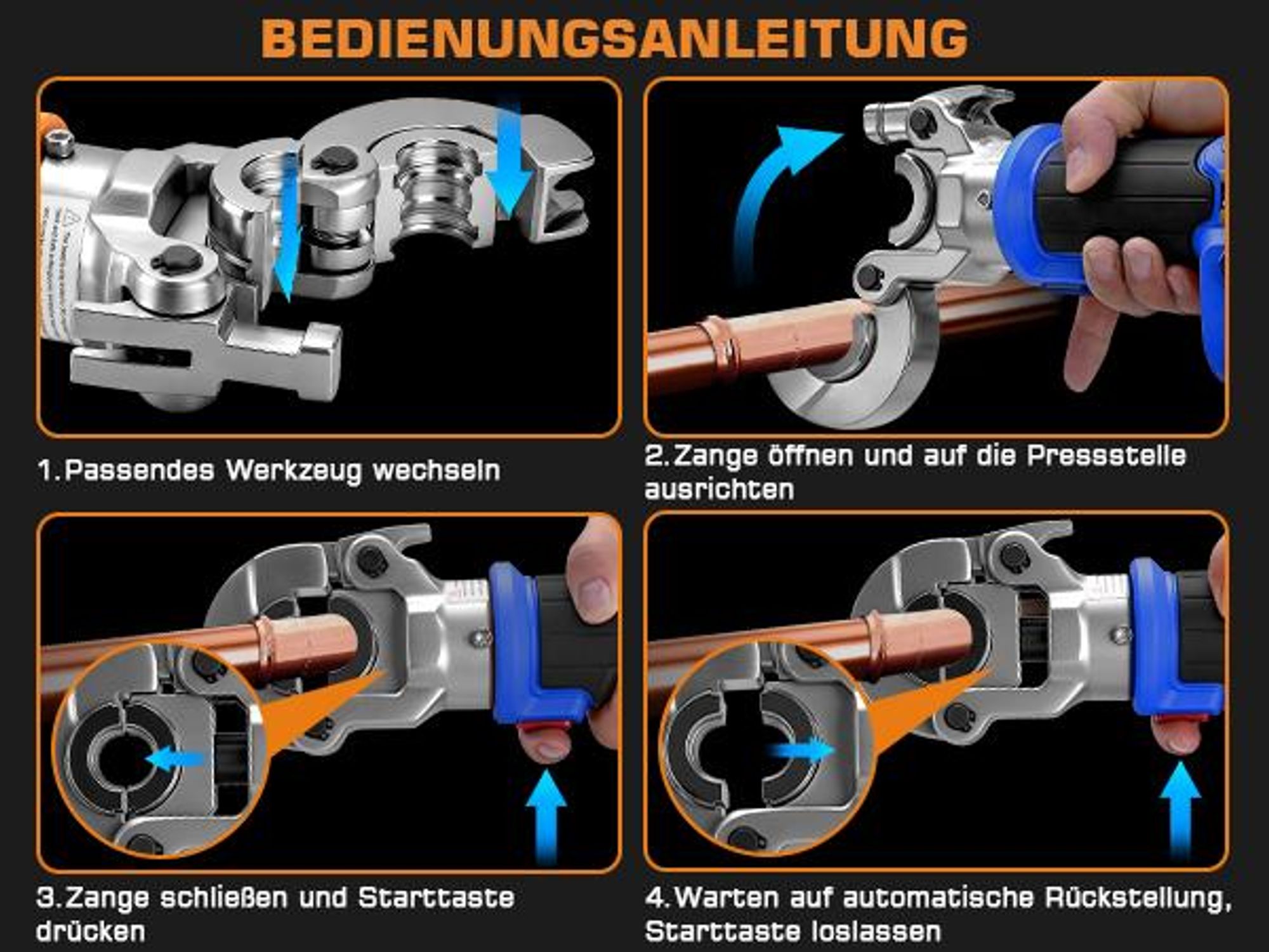 Kabellos Presszange Backeneinsätze mit TH- V-Kontur(TH16, TH20, TH26, TH32, V12, V15, V18, V22, V28)‌ für Kupfer-/Edelstahl-/Verbundrohr, Crimpzange