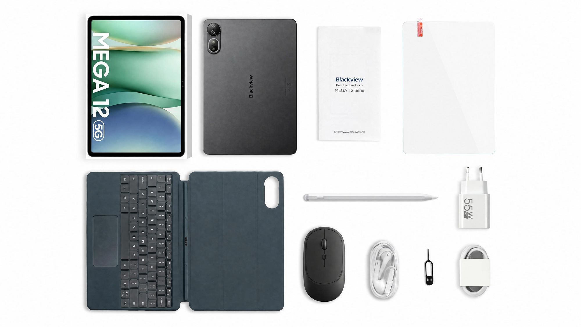 Blackview MEGA 12 Tablet, IP69K wasserdicht, 12.2" 2.4K 120Hz Display, 36(12+24)GB+256GB, 50MP+4K, 10000mAh, 55W, Inkl. Tastaturhülle/Maus/Stift usw.