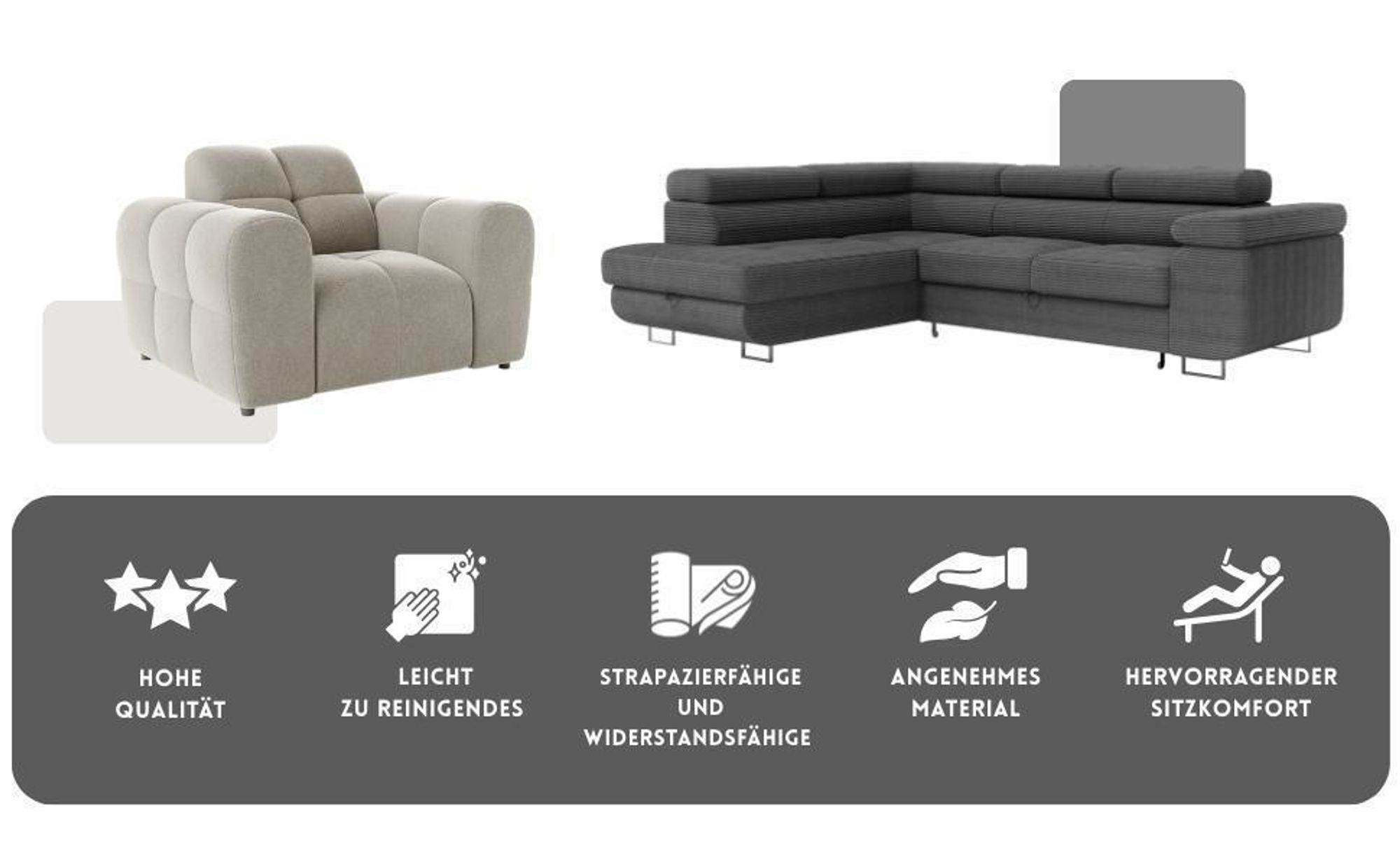 LetSit Ecksofa Caldea L Cremona Links Freistehendes Loungesofa Bequemes Ecksofa zum Entspannen Schmutzabweisend Für Wohnzimmer Schlafzimmer Hellgrau