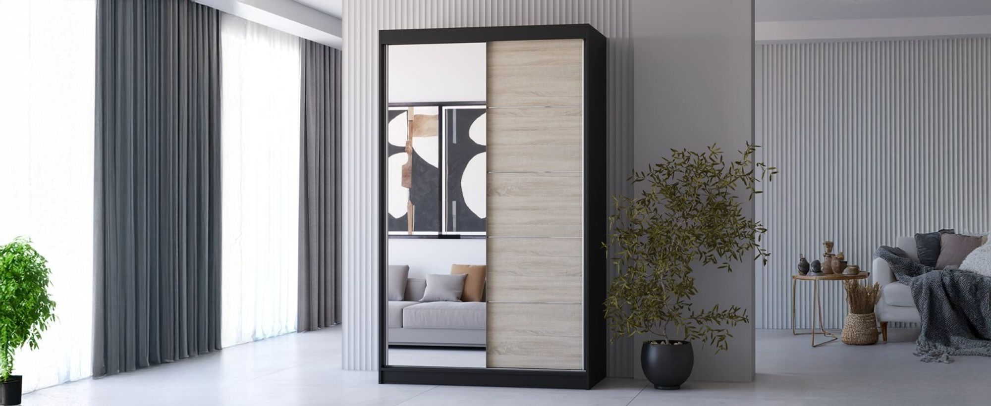 Kleiderschrank Schiebetürenschrank Schrank Schwebetürenschrank 120cm Schwarz/Sonoma Eiche mit Spiegel Neomi 05