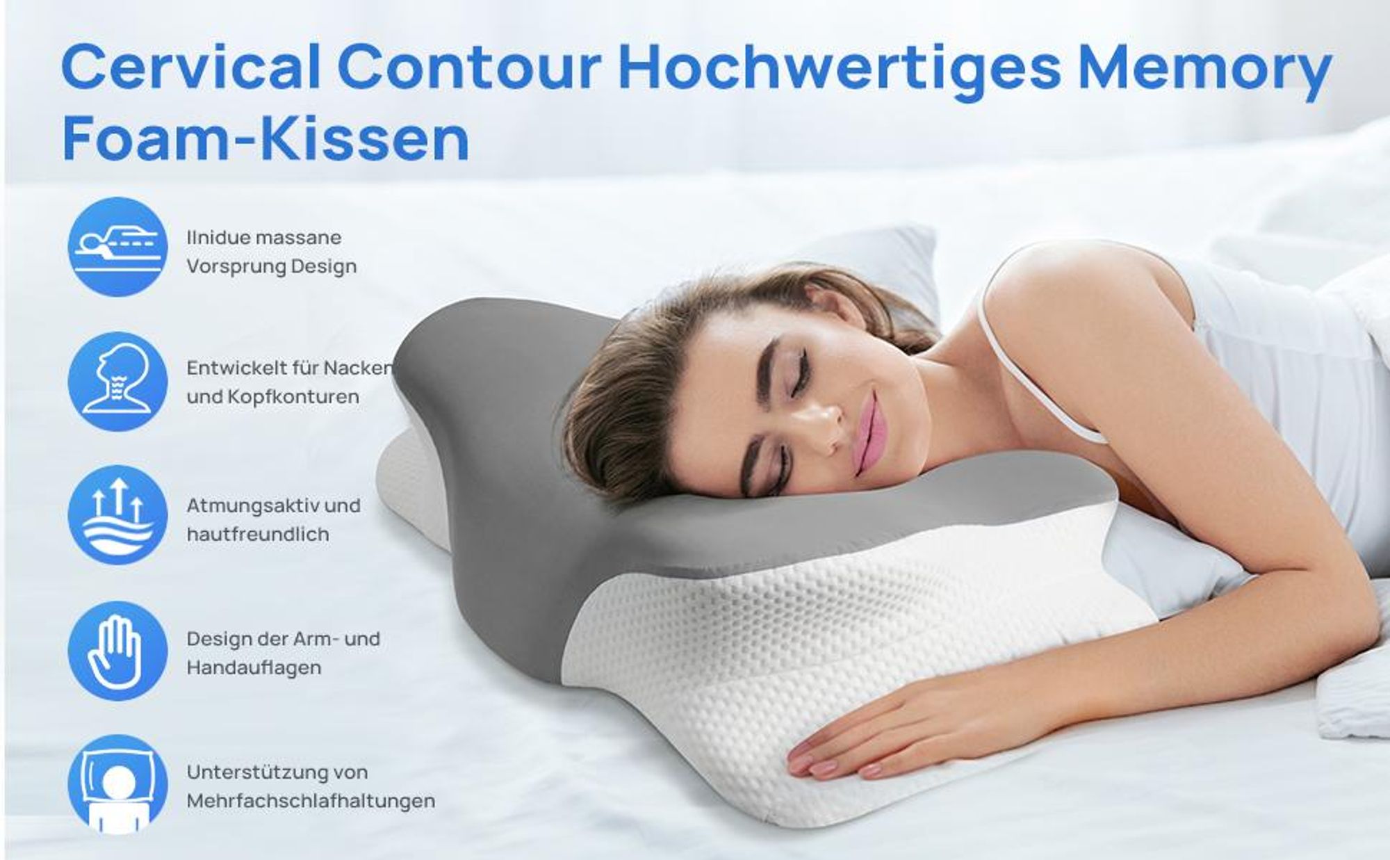 CMYbabee Nackenstützkissen aus Memory-Schaum, Ergonomisches 2-Höhen Kopfkissen für Rücken- & Seitenschläfer, 6 Zonen, Atmungsaktiv, Grau