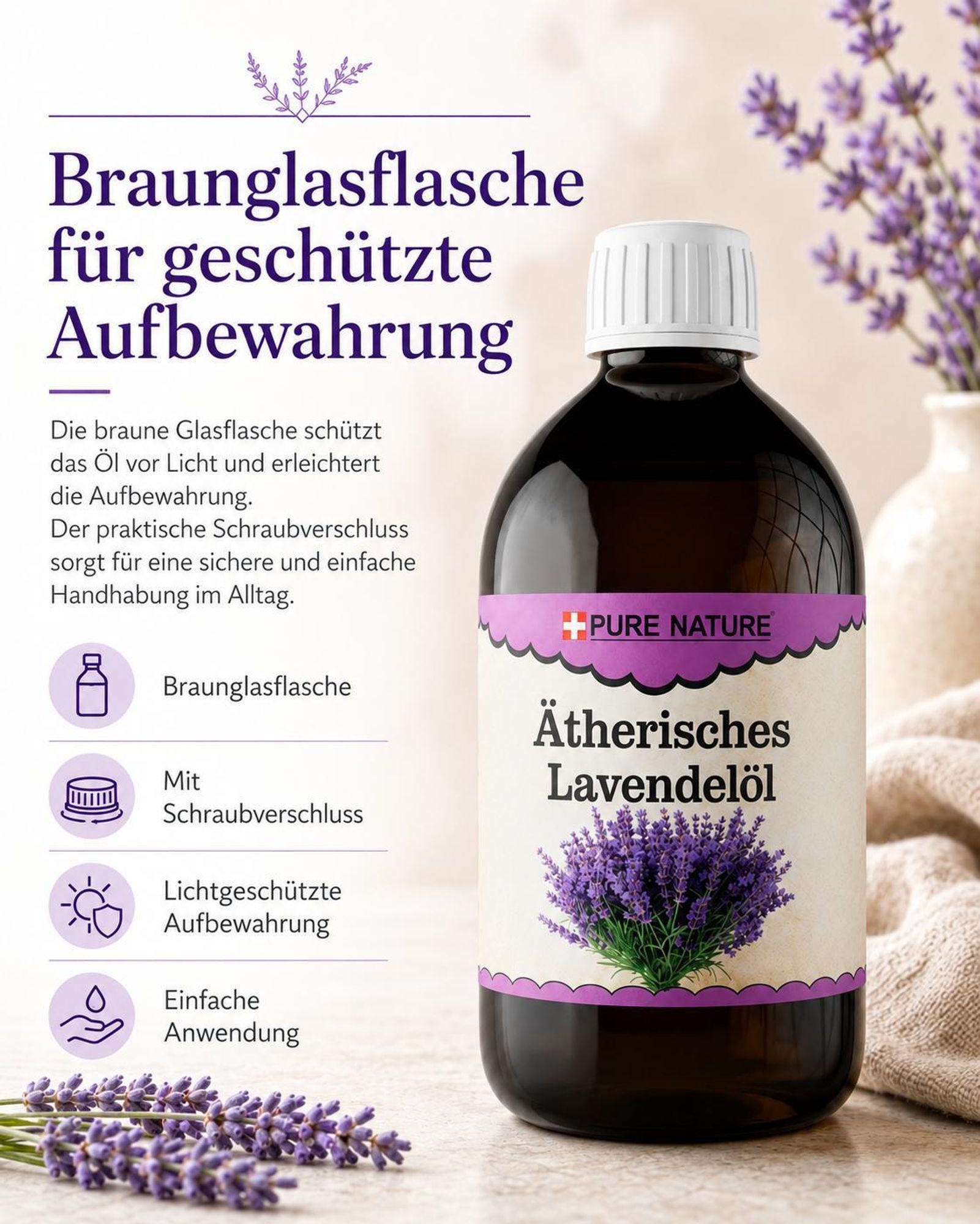 Braune Glasflasche mit ätherischem Lavendelöl, Schraubverschluss und lichtgeschützter Aufbewahrung.