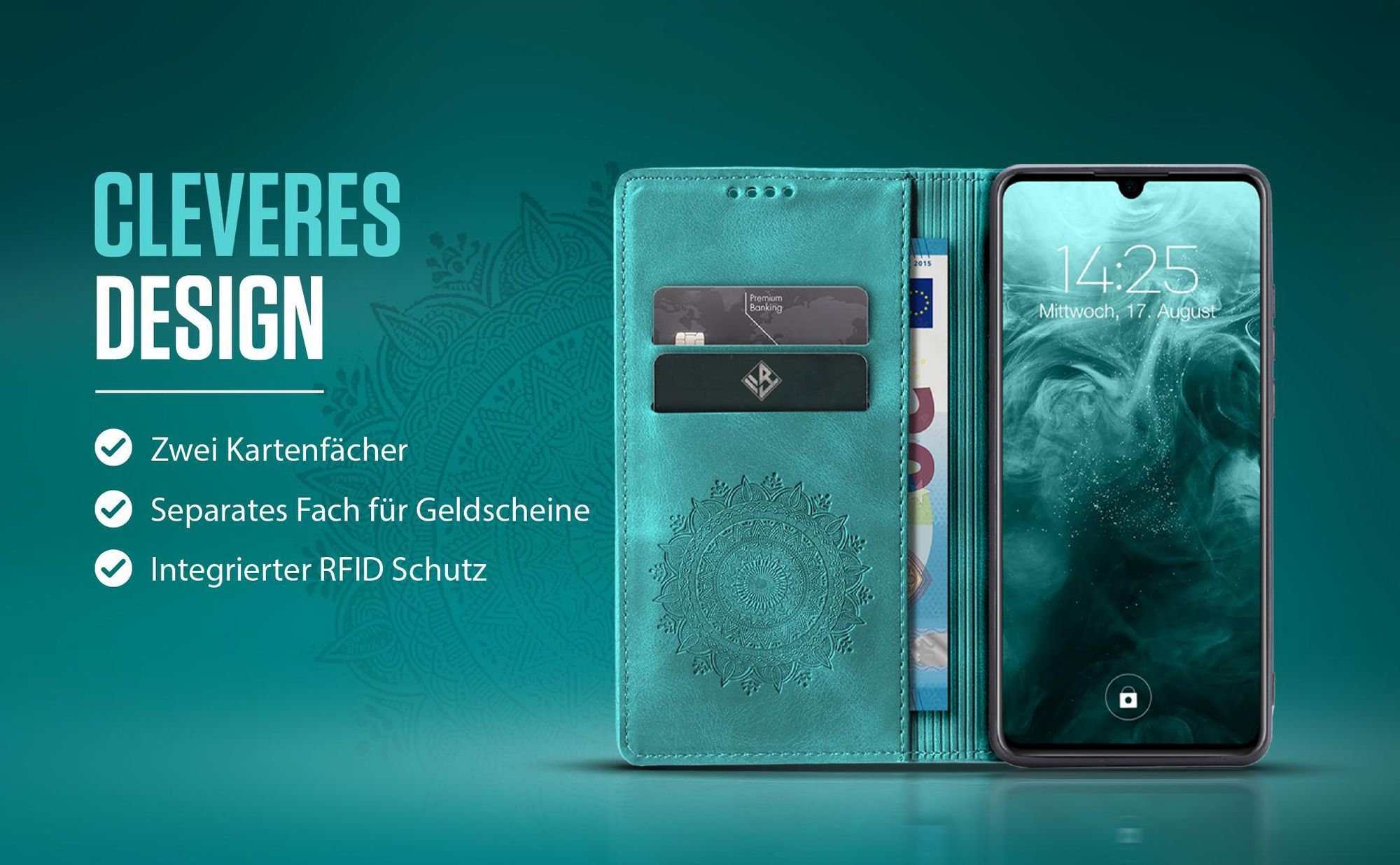 Handyhülle in Türkis für Samsung Galaxy A26 5G mit Kartenfächern und RFID Schutzschicht