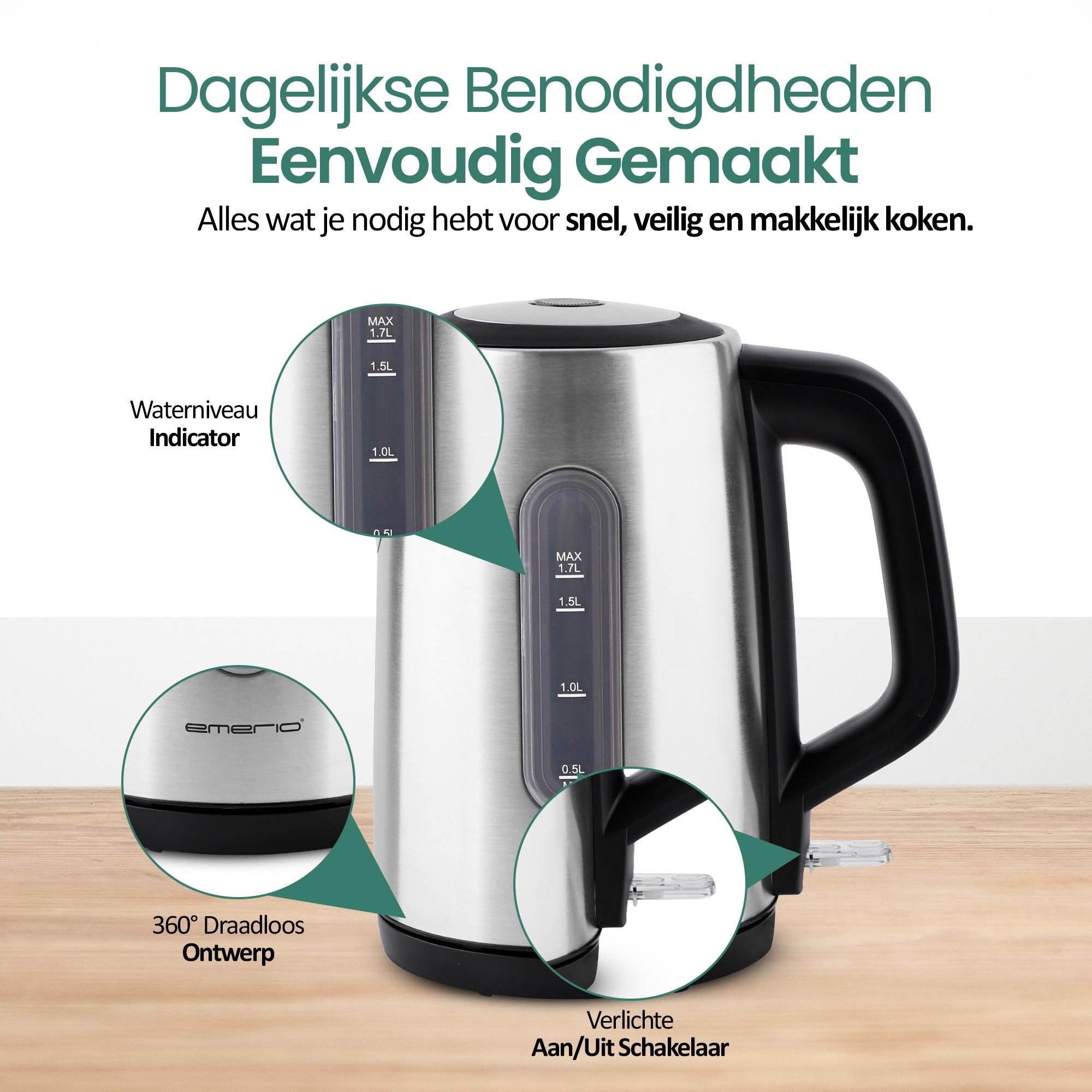 Emerio Waterkoker WK-133040 – 3000 W – 1,7 Liter – Waterniveau-indicator – Afgedekt Verwarmingselement – Automatische Uitschakeling – 360° Draadloos