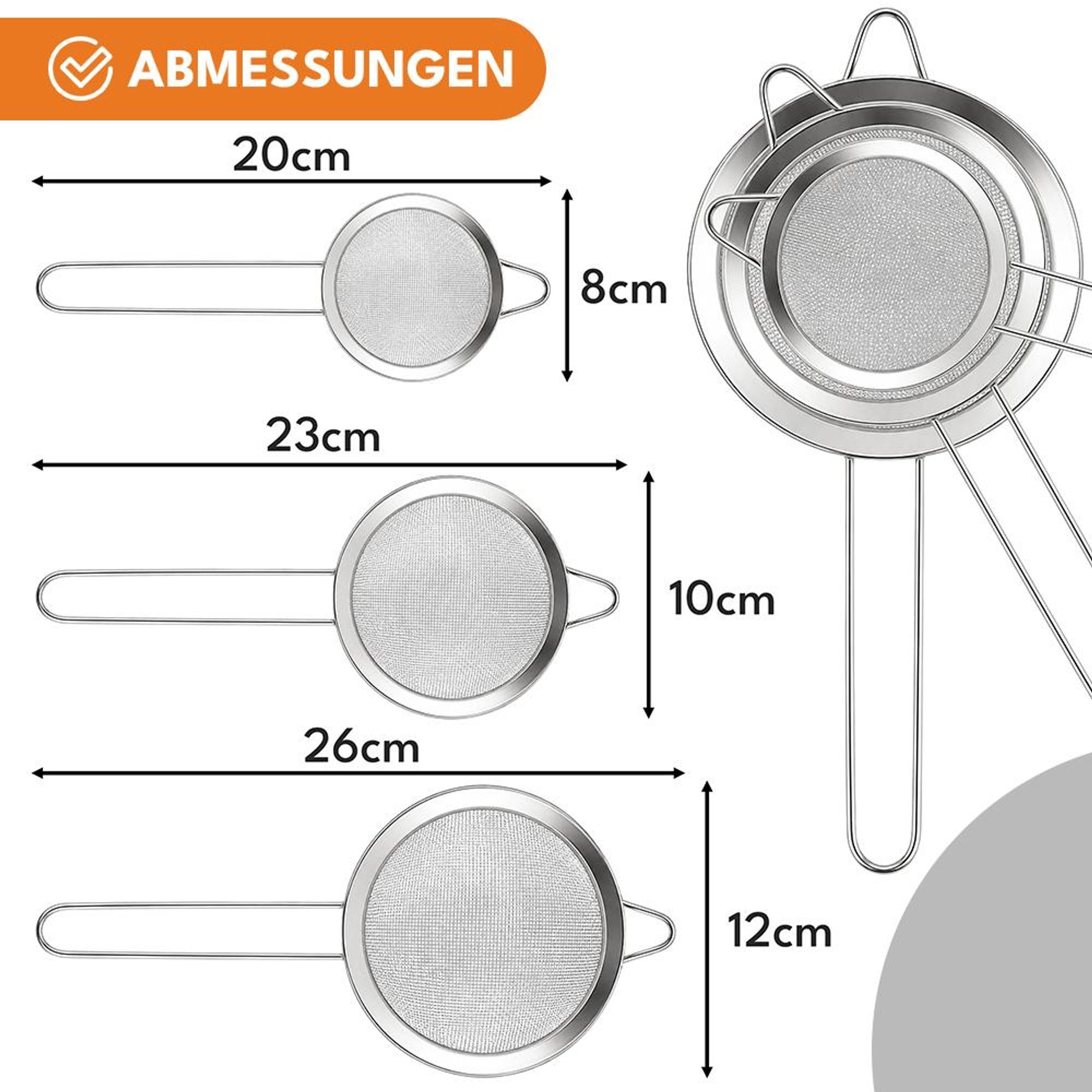 KRUMAD Küchensieb Set 3-teilig, Edelstahl Sieb feinmaschig, Mehlsieb, Passiersieb mit Griff, Abtropfsieb für Küche, Backen und Kochen
