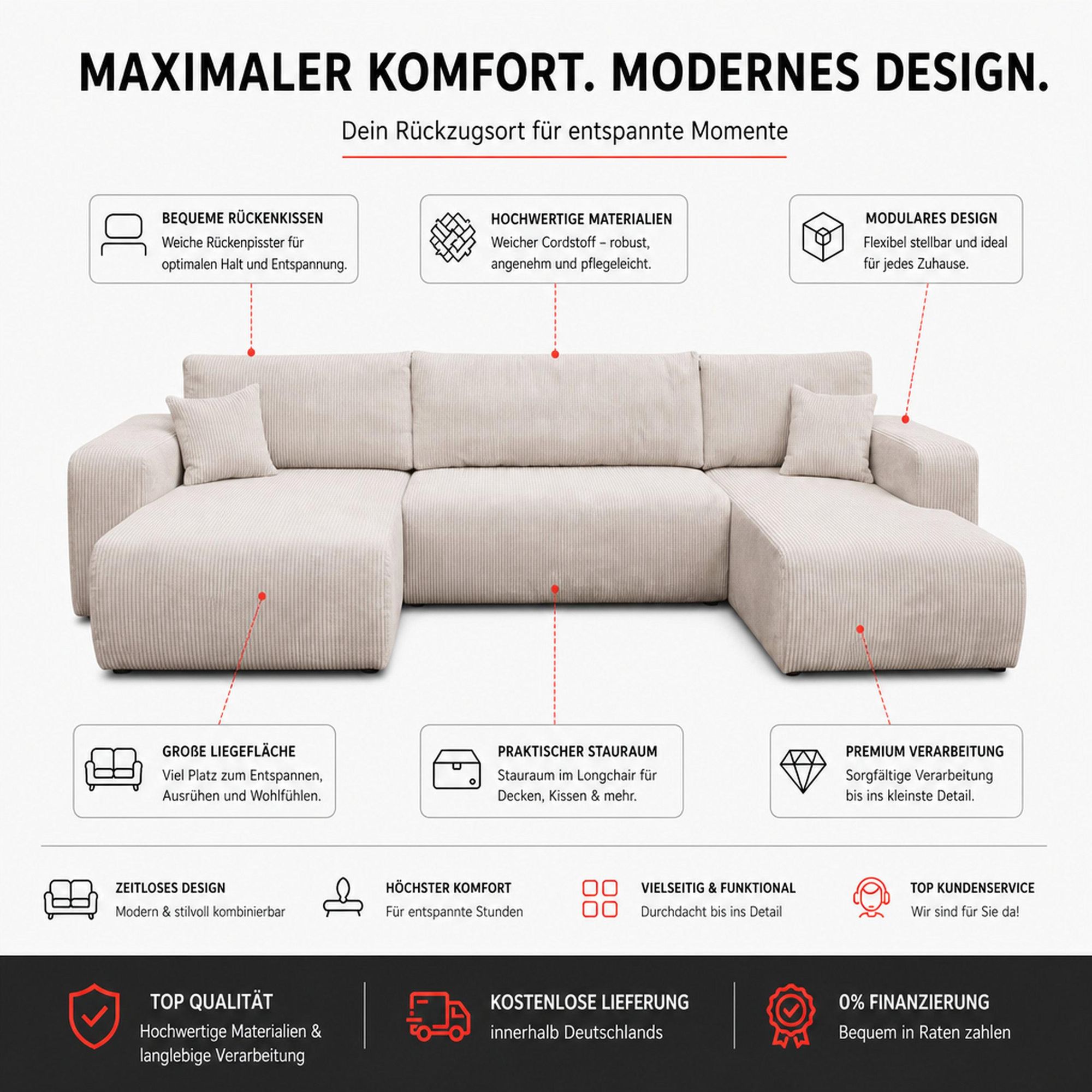 VENASI LUNA U-FORM Ecksofa mit Schlaffunktion und Bettkasten Sofa U Form Eckcouch Schlafsofa BLAU