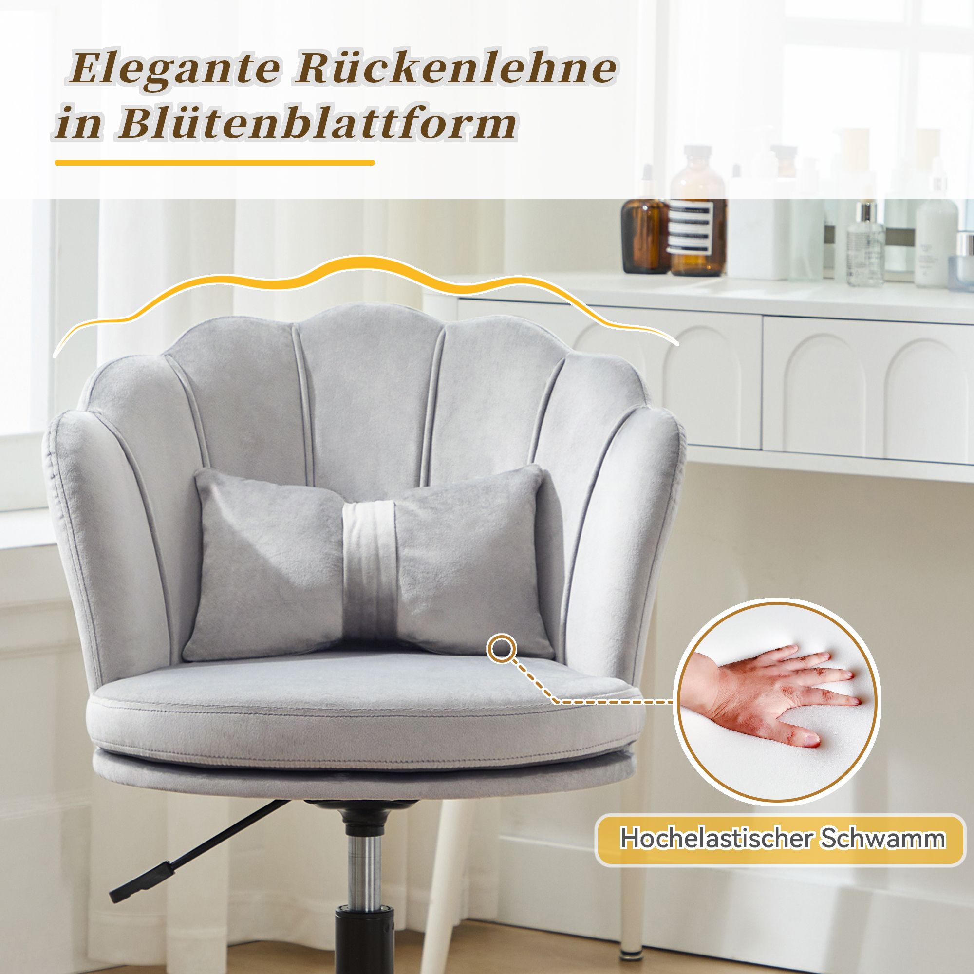 Flieks Bürostuhl ergonomisch, Stuhl drehbar Schminktisch, Schminkstuhl ohne Armlehne, Schreibtischstuh mit Blütenblatt-Rückenlehne, Grau