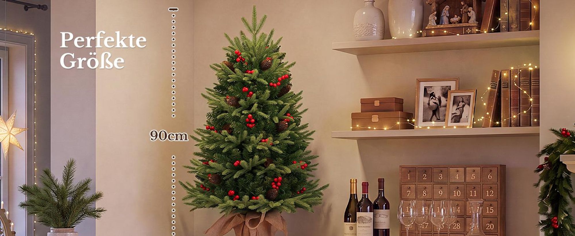 HOKEEPER Künstlicher Weihnachtsbaum 90 cm mit LED, Zapfen & Beeren