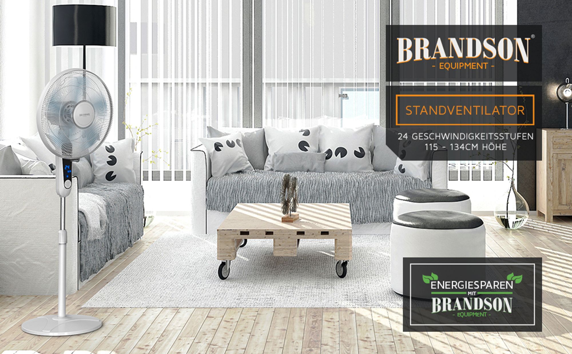 Weißen Standventilator mit Fernbedienung neben einem Bett in modernem Schlafzimmer