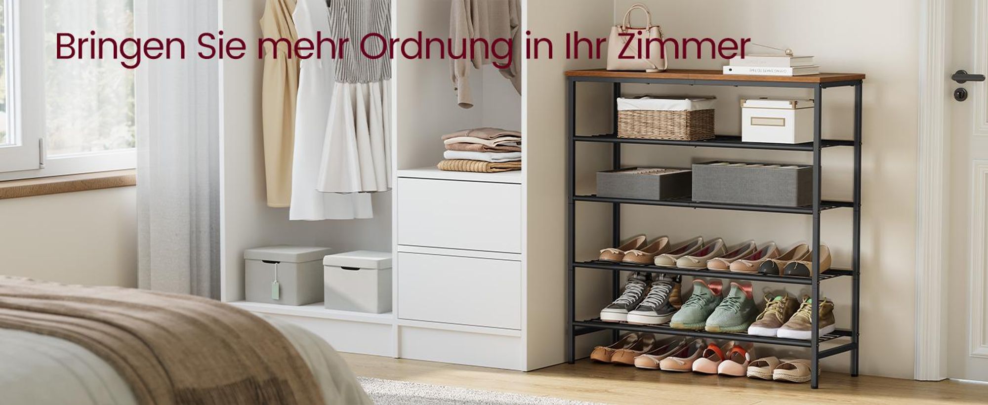 VASAGLE Schuhbank, Schuhaufbewahrung, Schuhregal, Metallrahmen, 5 Ebenen, für bis zu 18-24 Paar Schuhe, braun-schwarz