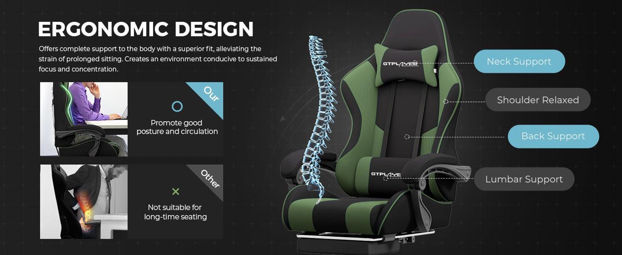 GTPLAYER kancelářská židle herní židle látková herní židle ergonomická herní židle s podnožkou, bederní opěrka hlavy, čalouněná herní židle, zelená