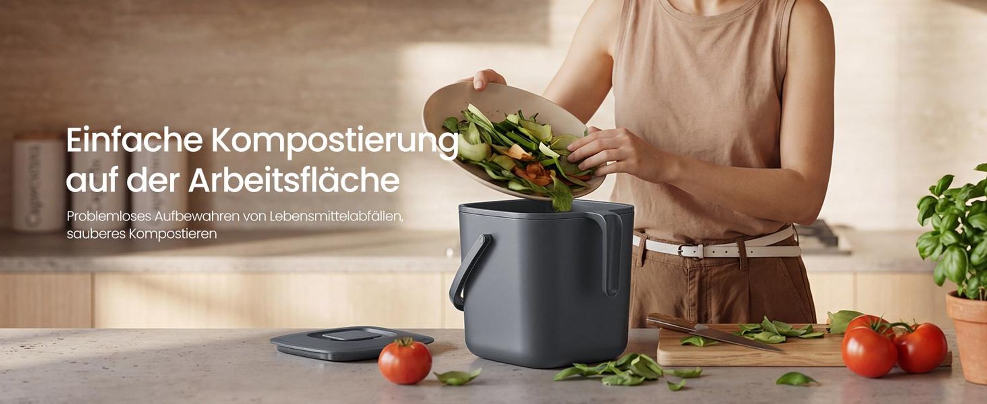 SONGMICS Geruchsdichter Komposteimer mit Abtropfkorb, 4 L Bioeimer für die Küche, 21 x 20 x 19,5 cm, Grau