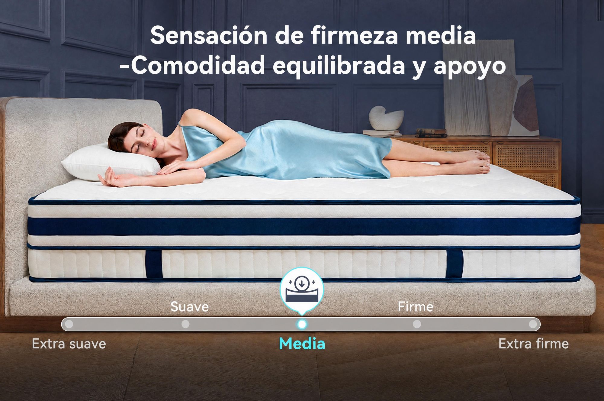 Colchón de 90x200 cm, con una altura de 30 cm, que incluye un acolchado superior integrado, y un sistema de muelles ensacados de 7 zonas, con firmeza H3/H4